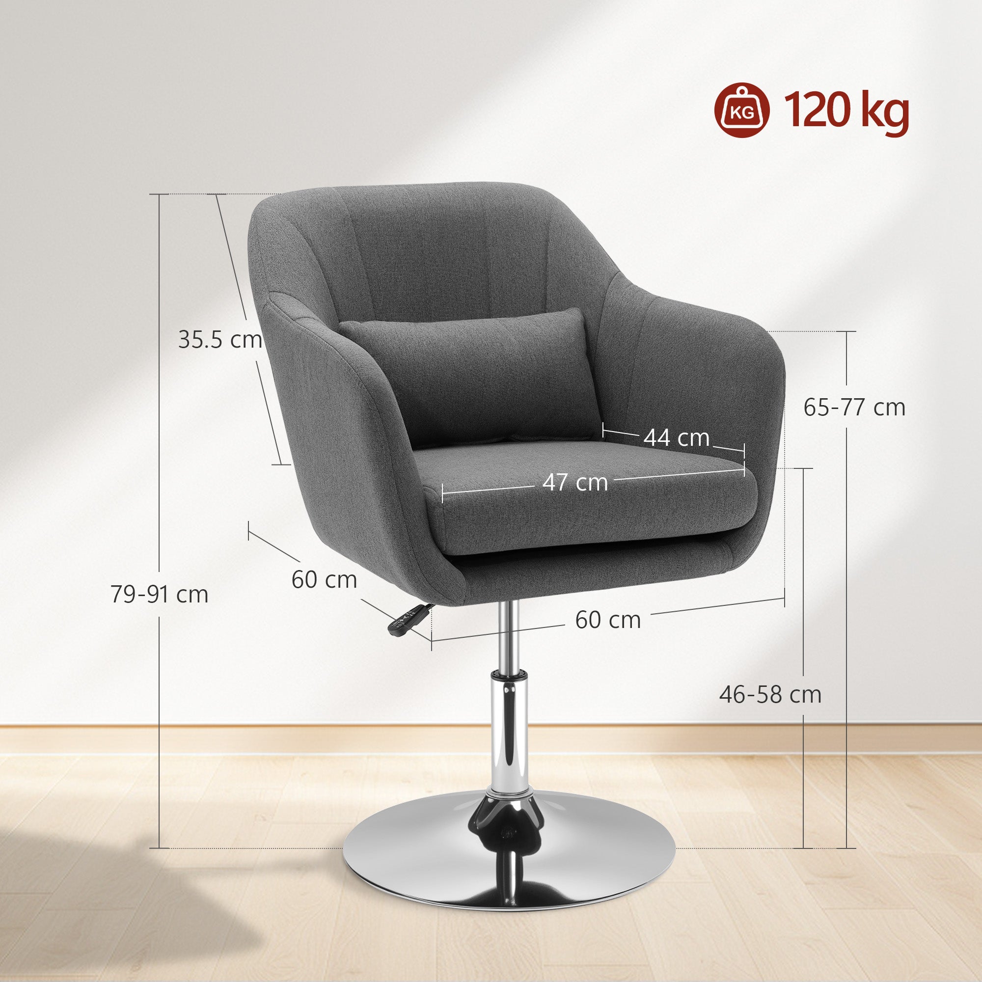 HOMCOM Swivel Linen Fabric Accent Chair for Living Room Contemporary Vanity Armchair with Adjustable Height Thick Cushion Lumbar Support Armrest for Bedroom Office Dark Grey