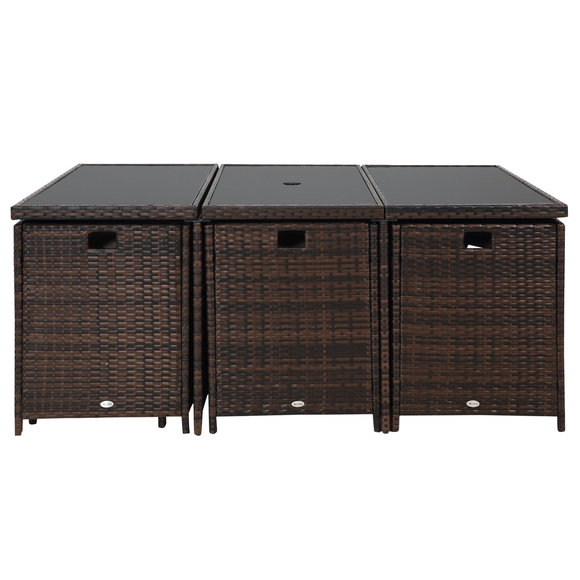 Outsunny 10 Seater Rattan Cube Garden Furniture Set with Parasol Hole, Rattan Dining Set with Cushions, Outdoor Dining Table and Chairs with Rectangular Glass Top Table for Patio, Mixed Brown - North Peak Garden Furniture
