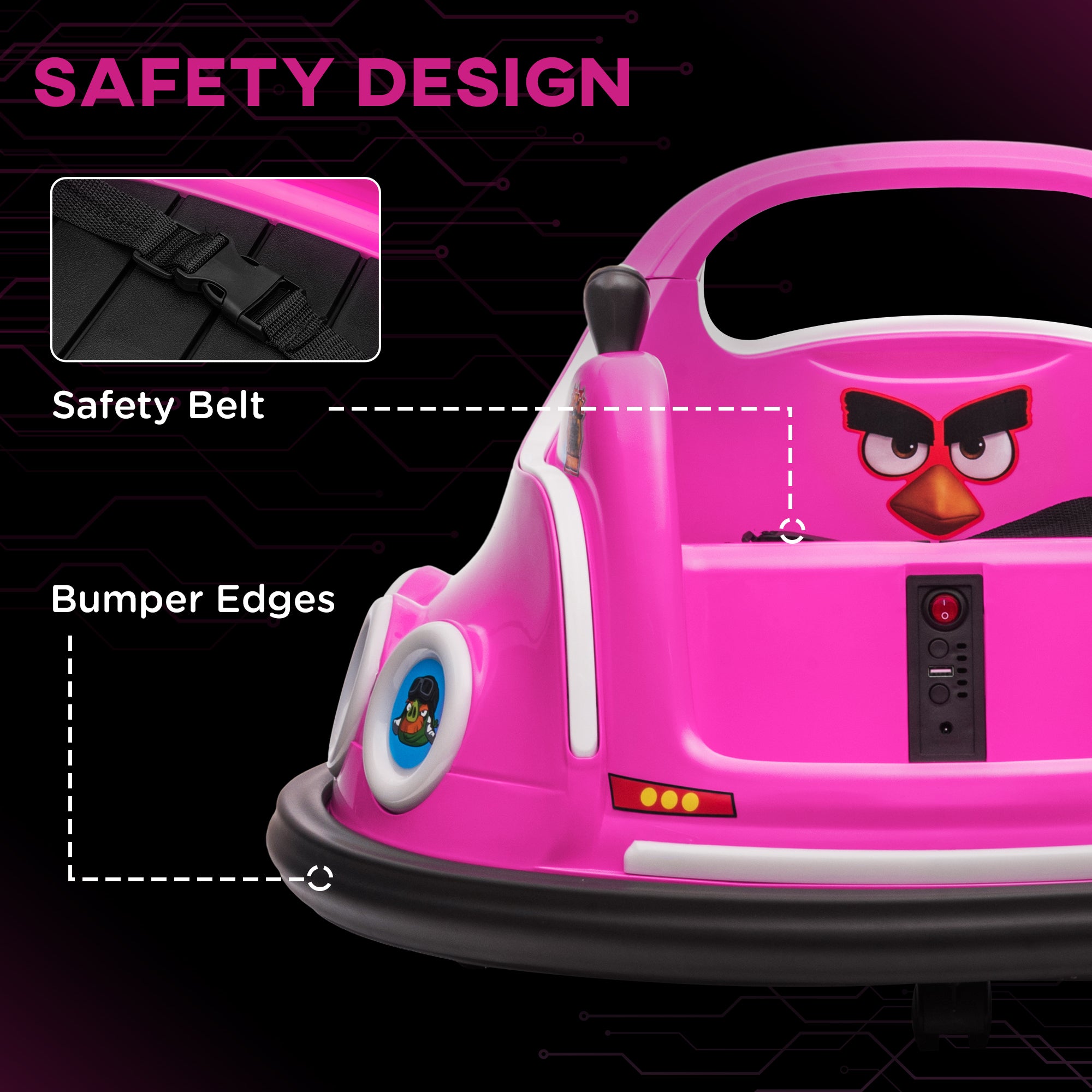 AIYAPLAY Angry Bird Licensed Waltzer Car, 12V Kids Bumper Car w/ Joysticks, Remote, Music LED Lights - Pink - North Peak Garden Furniture