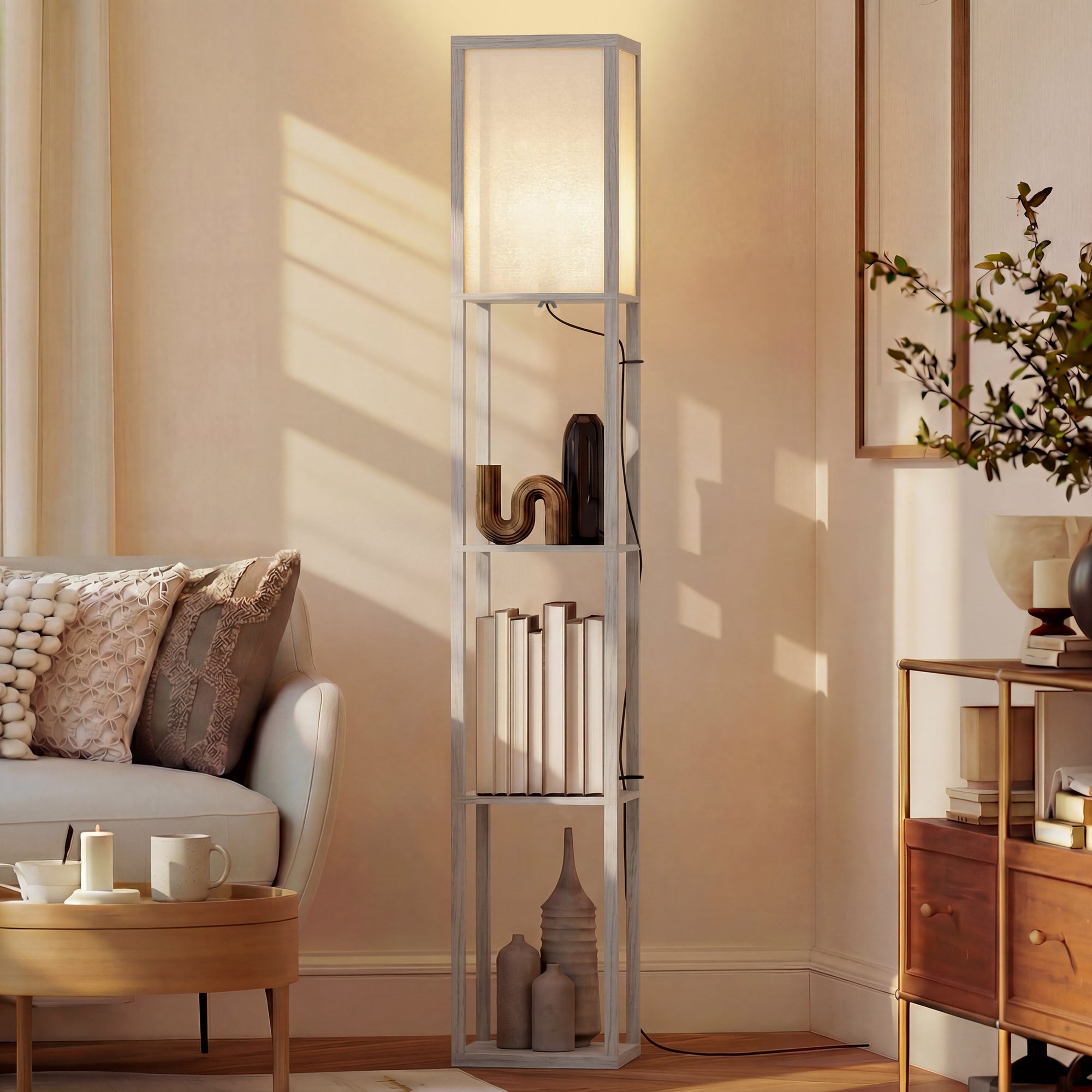 HOMCOM 3-Tier Floor Lamp, Floor Light with Storage Shelf, Reading Standing Lamp for Living Room, Bedroom, Kitchen, Dining Room, Office, Dorm, 160cm, Oak