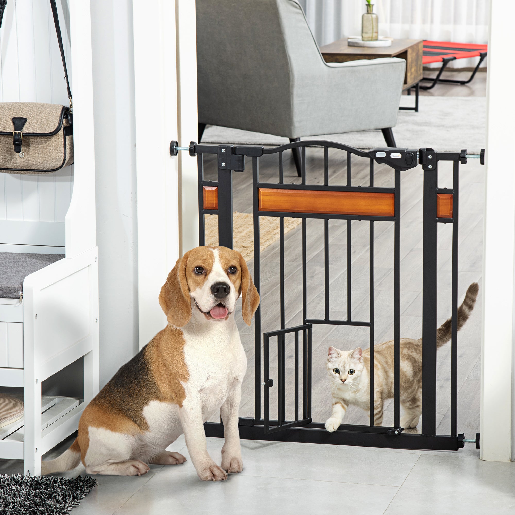PawHut Pet Gate Safety Gate, with Cat Flap, Auto Close, for Staircases, Doorways, Hallways, 74-80cm Wide - Black - North Peak Garden Furniture