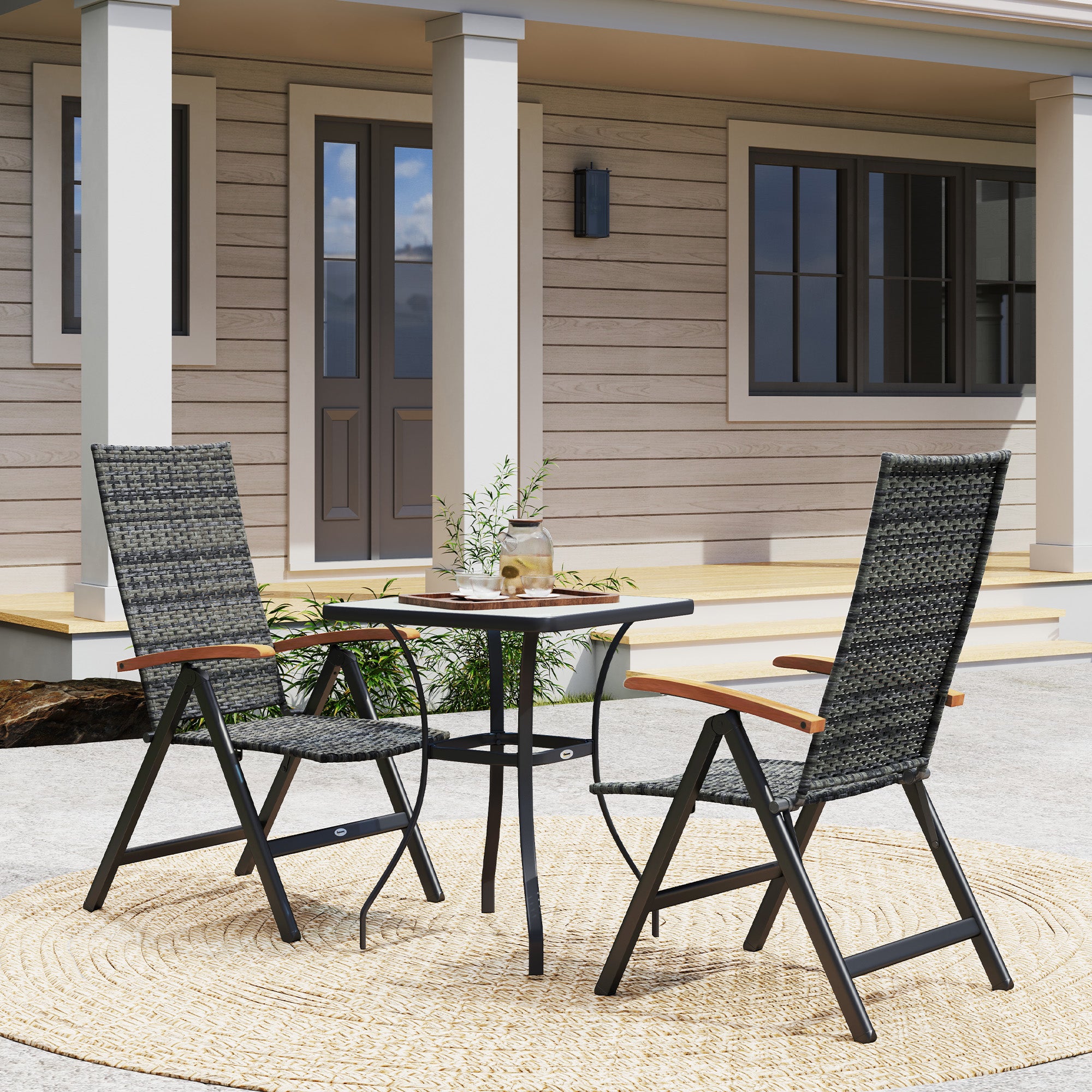 Outsunny 2 Pieces Outdoor Foldable Dining Chair with Armrests, High Backrest, for Garden, Camping, Balcony, Mixed-grey - North Peak Garden Furniture