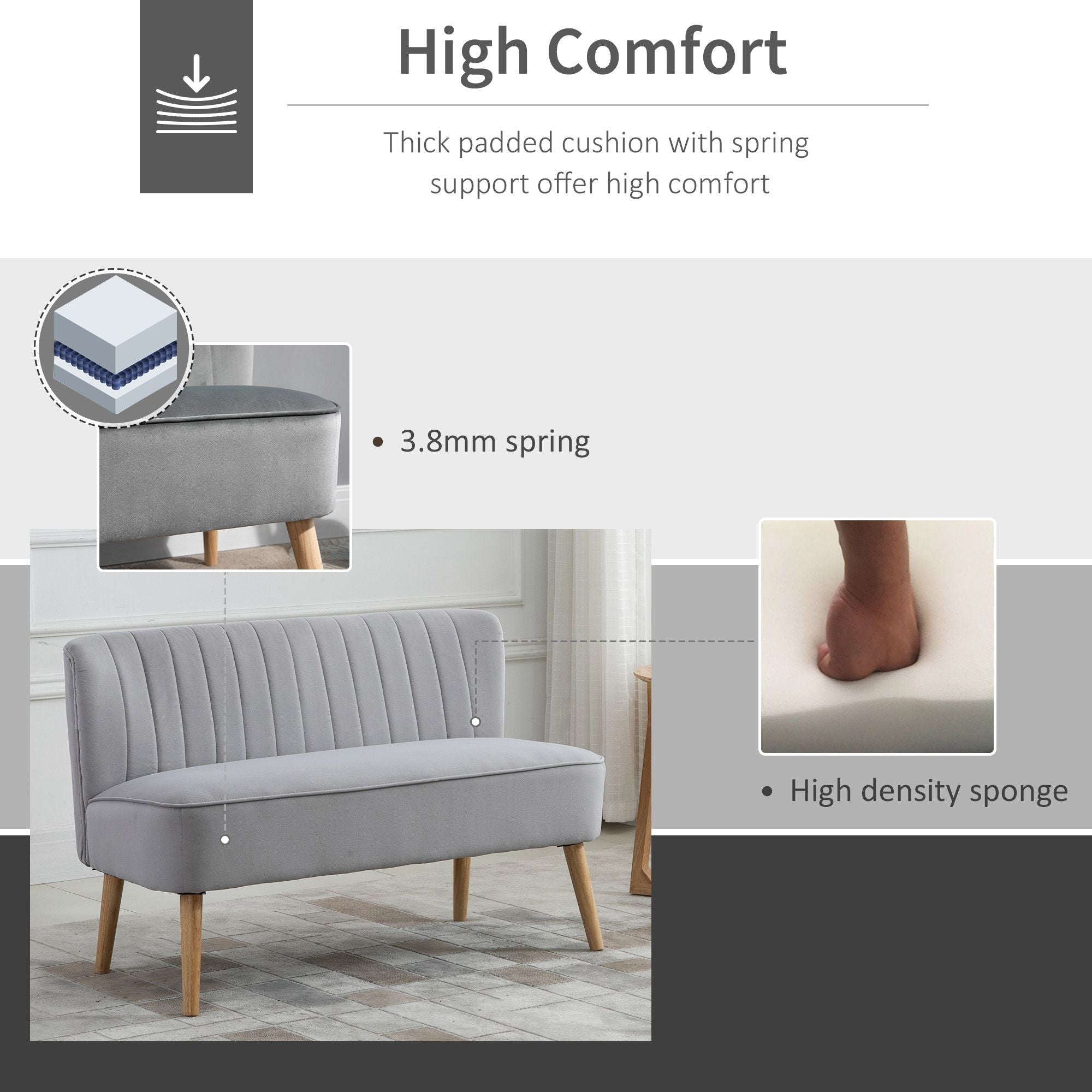 HOMCOM Modern Velvet Double Seat Sofa w/ Wood Frame Foam Padding High Back Soft Comfortable Compact Couch Grey - North Peak Garden Furniture