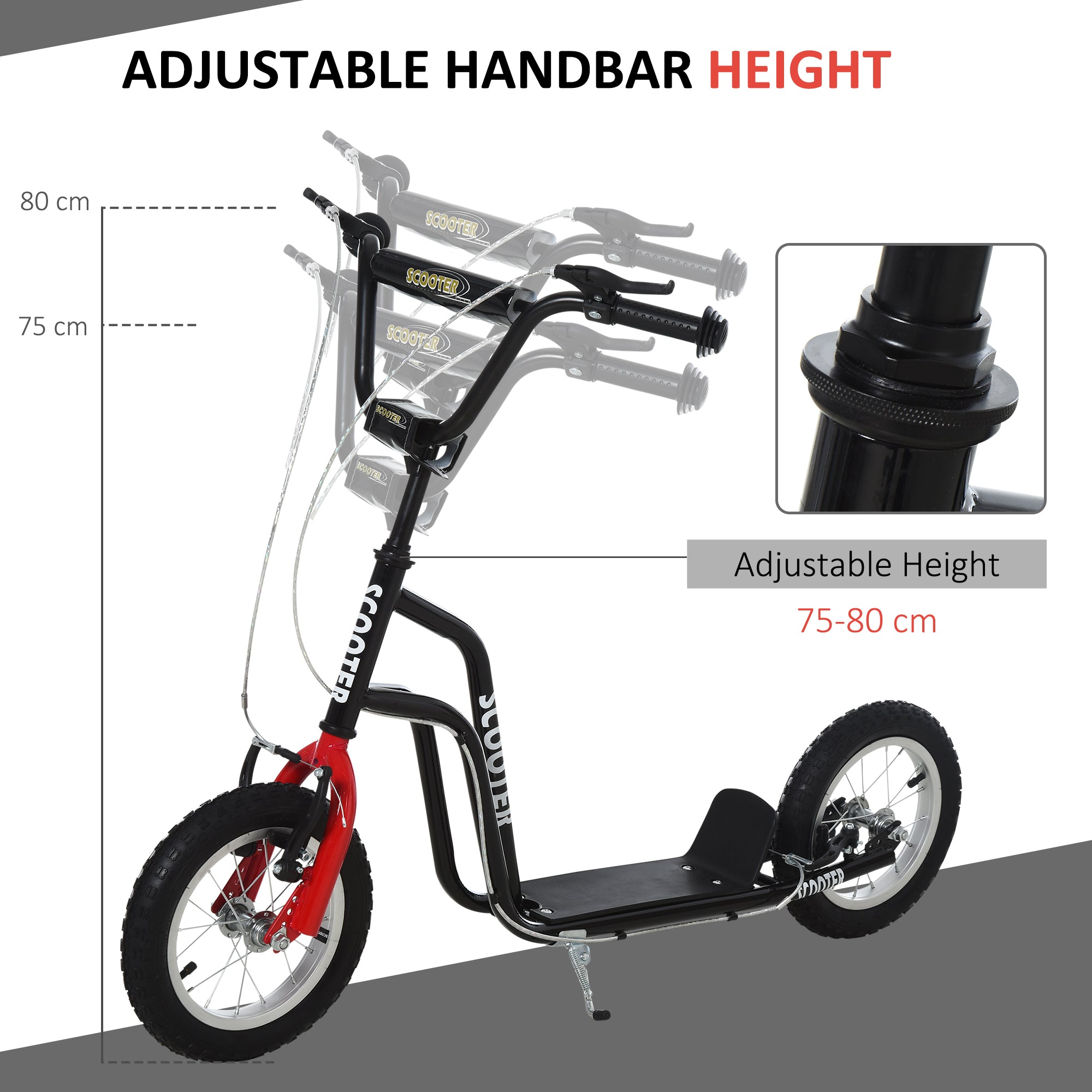 HOMCOM Teen Kids Stunt Scooter Children Kick Scooter Adjustable Handlebar 2 Brakes Ride On 12 Inch Rubber Tyres Black - North Peak Garden Furniture