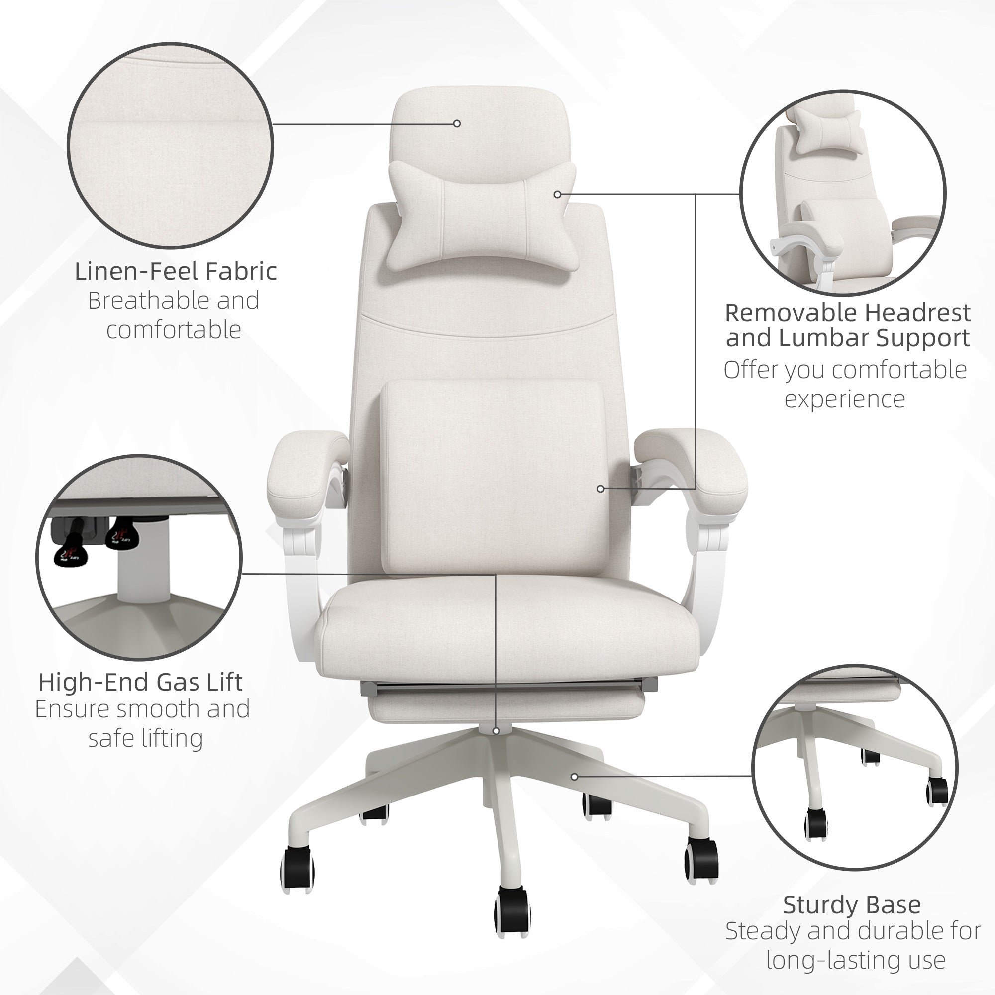 Vinsetto Linen-Look Office Chair, with 160° Reclining Back and Footrest - White - North Peak Garden Furniture