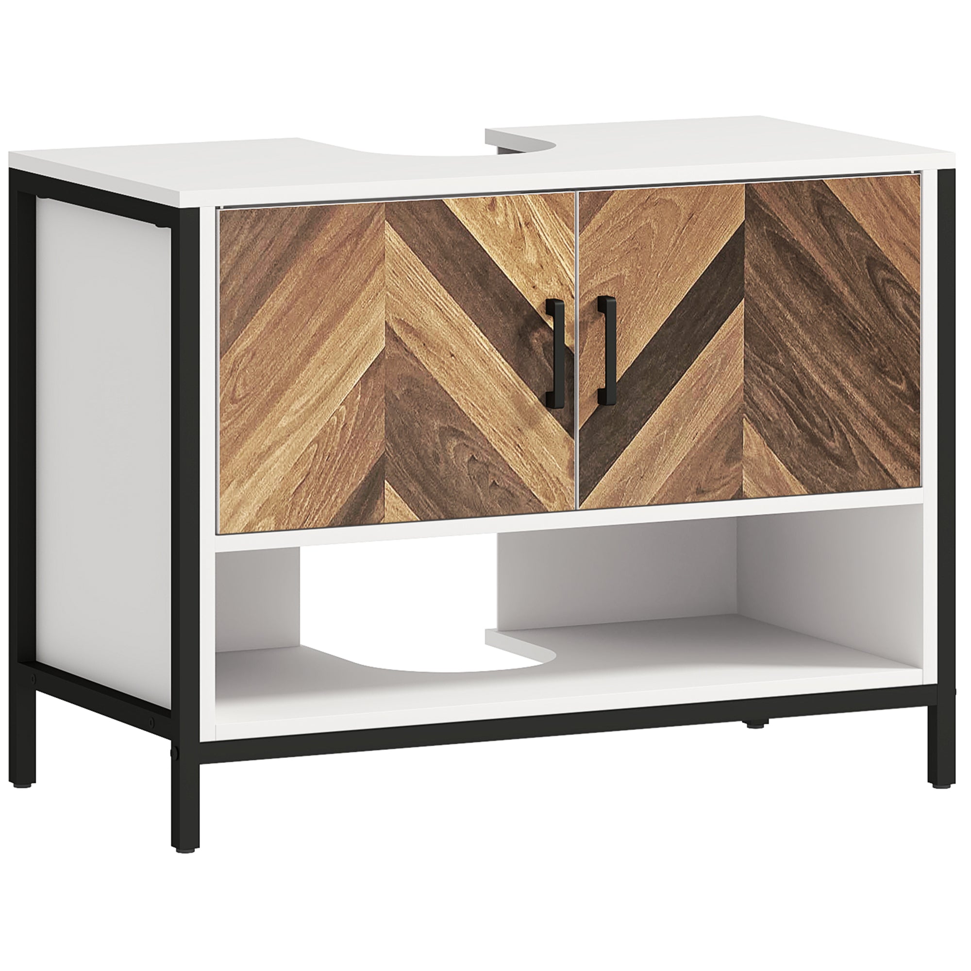HOMCOM Under Sink Bathroom Cabinet, Rustic Under Sink Cabinet with Herringbone Doors and Open Compartment for Basin with or without Pedestal, 80 x 40 x 60cm, Cream White - North Peak Garden Furniture