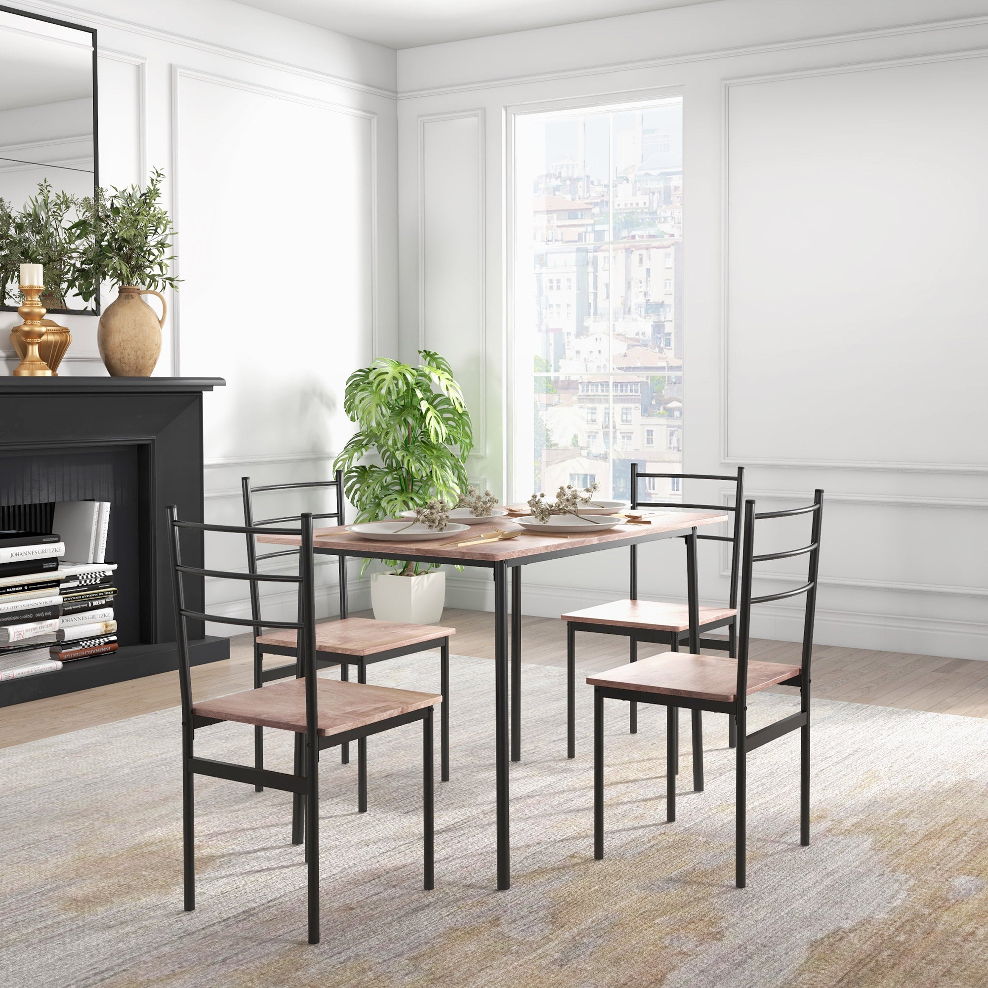 HOMCOM 5 Piece Dining Table and Chairs Set, Dining Room Sets, Steel Frame Space Saving Table and 4 Chairs for Compact Kitchens, Black - North Peak Garden Furniture