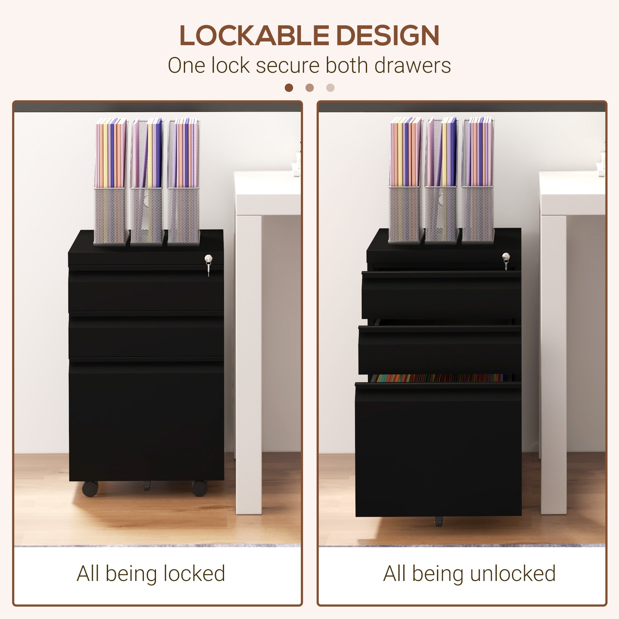 Vinsetto 3-Drawer Mobile Filing Cabinet with Pencil Tray, Steel Lockable File Cabinet for Letter, A4 and Legal Size, Pre-Assembled Body, Black - North Peak Garden Furniture