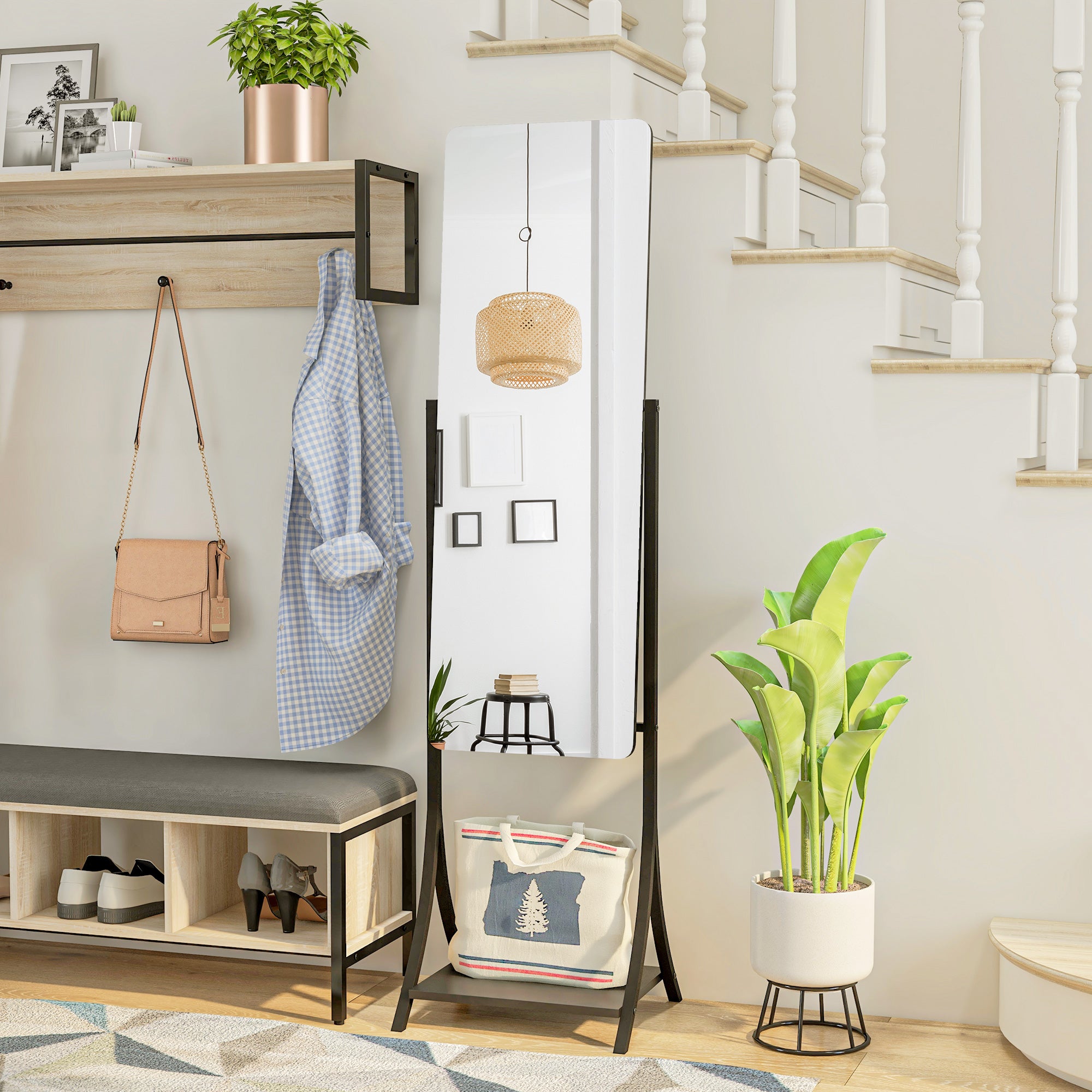 HOMCOM Free Standing Dressing Mirror, Full Length Mirror with Adjustable Angle, Storage Shelf for Living Room, Bedroom, Hallway - North Peak Garden Furniture
