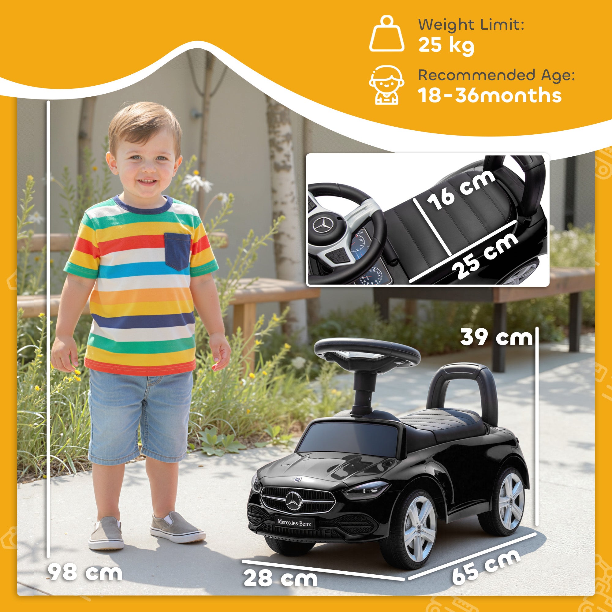 AIYAPLAY Official Mercedes-Benz Ride On Car, Foot to Floor Sliding Walker with Horn, Engine Sounds and Under-Seat Storage, Black