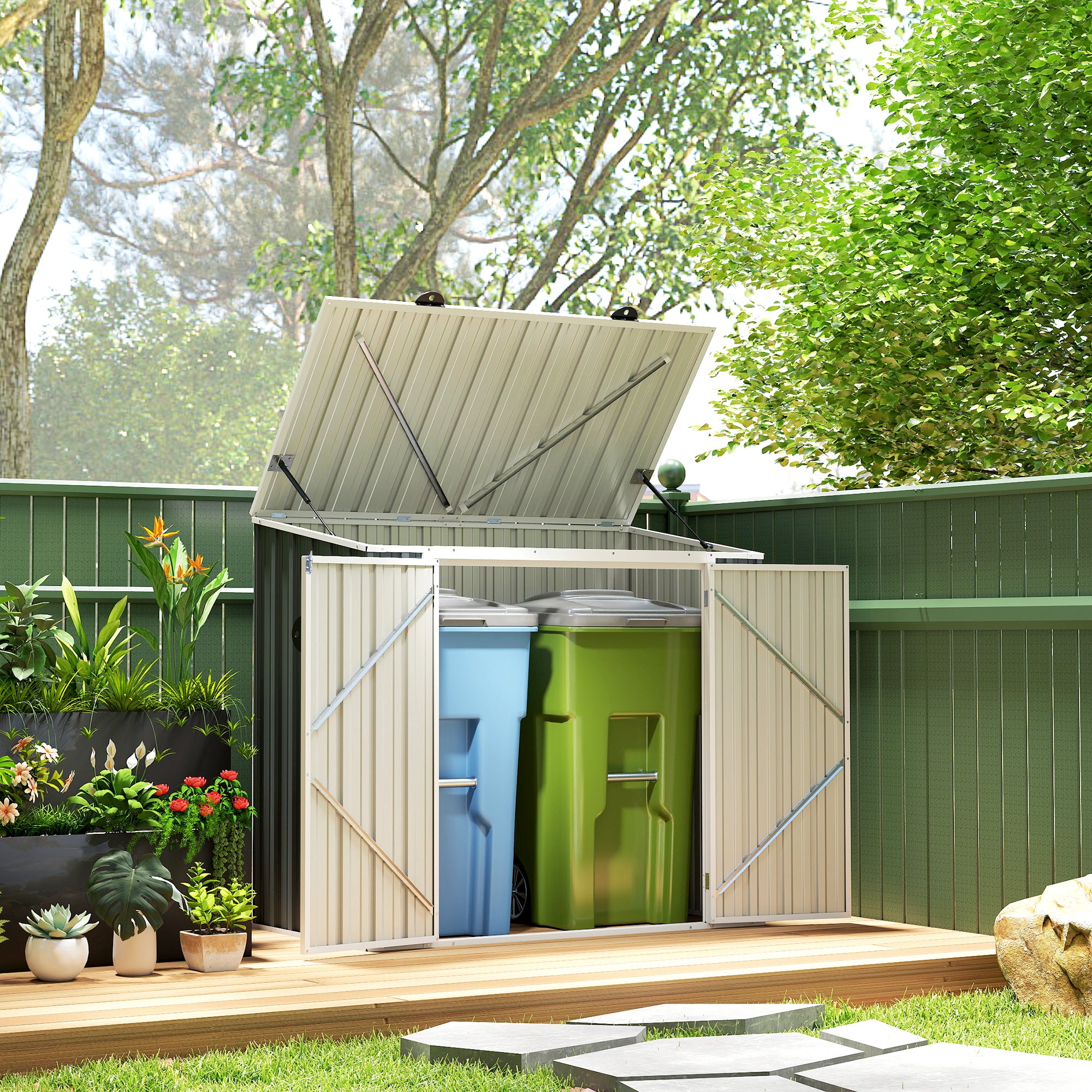 Outsunny 5ft x 3ft Garden 2-Bin Steel Storage Shed, Double Rubbish Storage Shed, Hide Dustbin w/ Locking Doors and Openable Lid - North Peak Garden Furniture