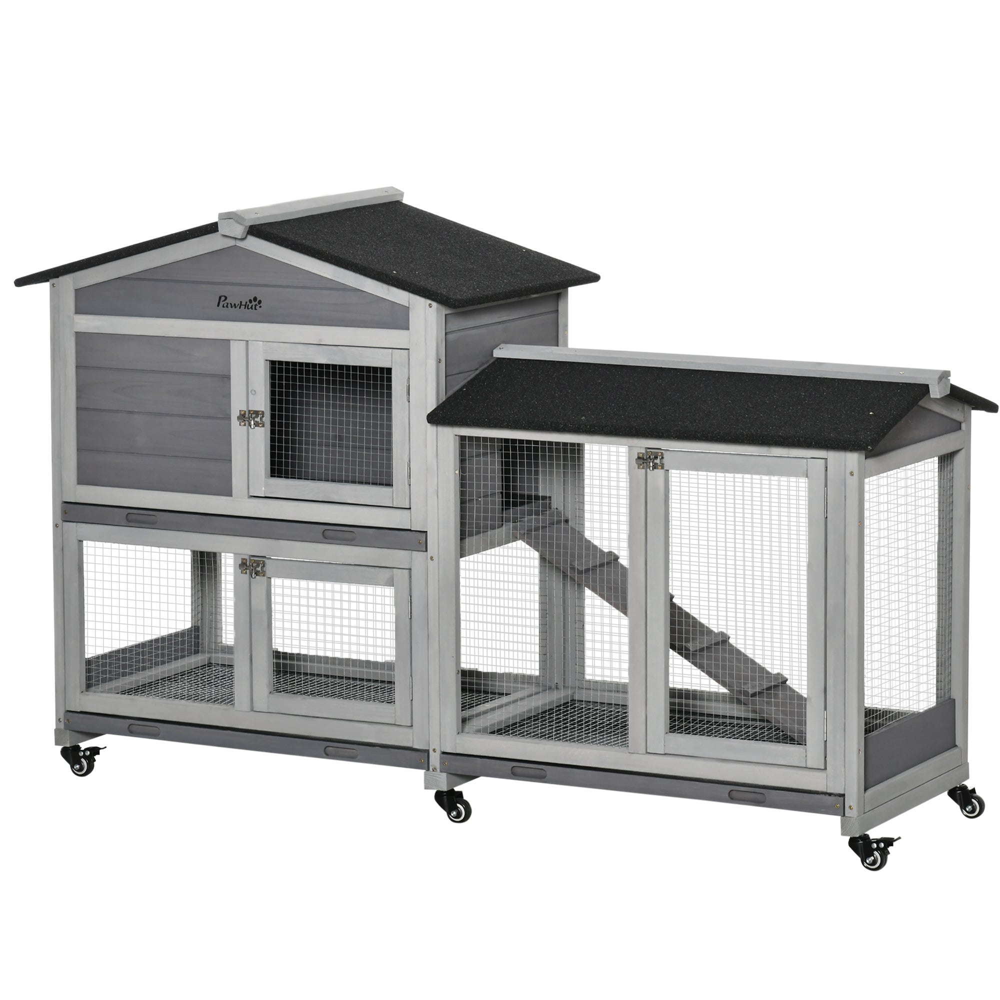 PawHut Wooden Rabbit Hutch, Guinea Pig Cage, with Wheels, Run, Slide-Out Tray, Ramp - North Peak Garden Furniture