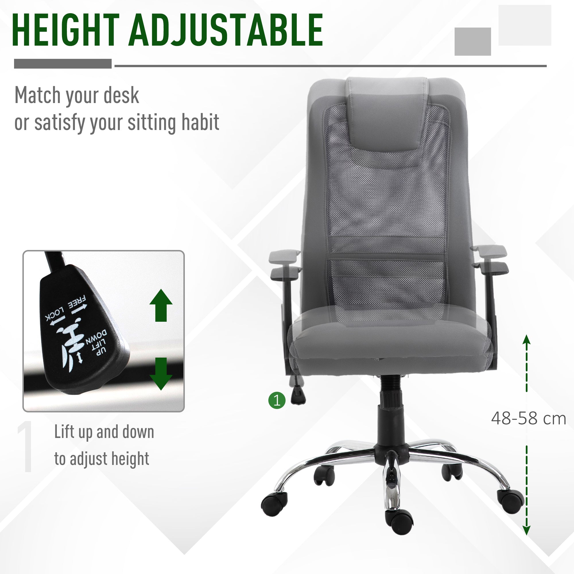Vinsetto Office Chair, Computer Desk Chair, Mesh and PU Leather Swivel Chair with Adjustable Height and Rolling Wheels for Home Office Work Study, Grey - North Peak Garden Furniture