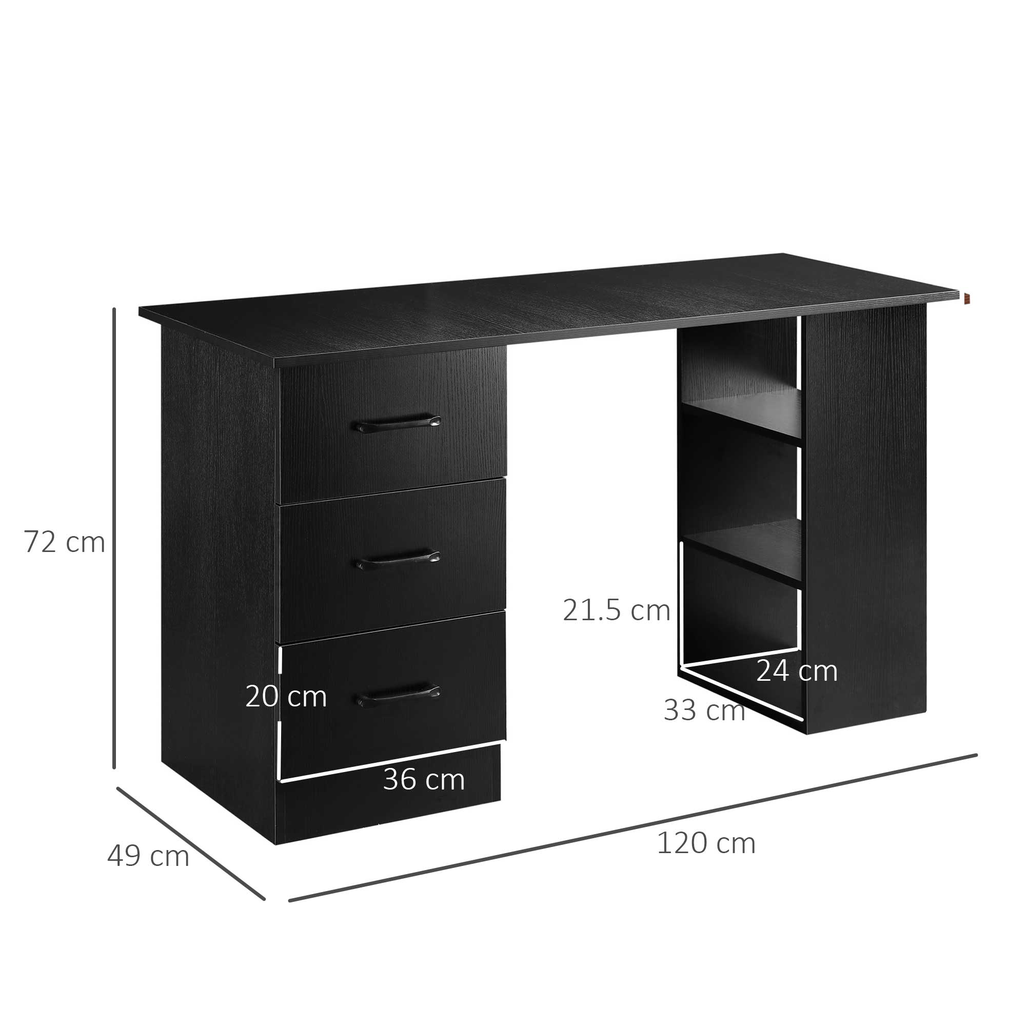 HOMCOM Computer Desk, Writing Table, PC Workstation with 3 Storage Shelves and Drawers, Black Handle, for Home Office, Black - North Peak Garden Furniture