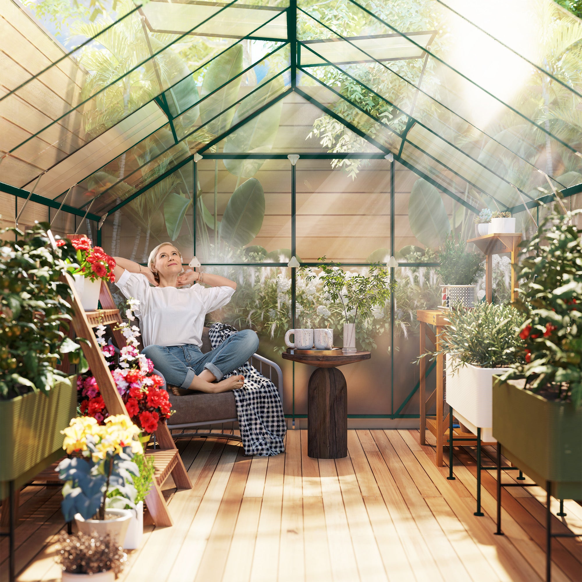 Outsunny 8 x 12ft Aluminium Greenhouse Polycarbonate Walk-in Garden Greenhouse Kit with Adjustable Roof Vent, Double Sliding Door, Rain Gutter and Foundation, Clear - North Peak Garden Furniture