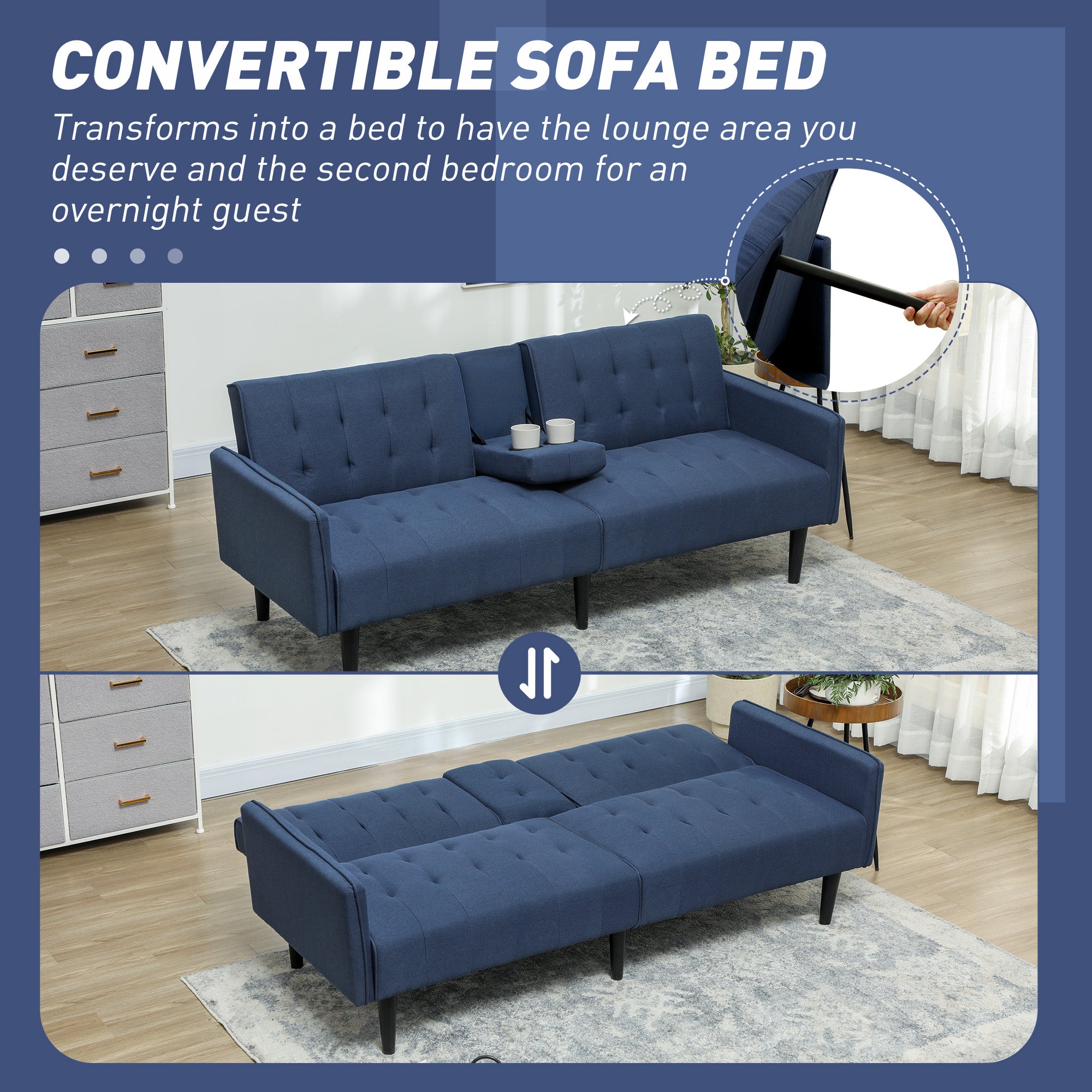 HOMCOM Upholstered Click Clack Sofa Bed, Linen-Feel 3 Seater Sofa Bed with Storage and Cupholders, Dark Blue - North Peak Garden Furniture