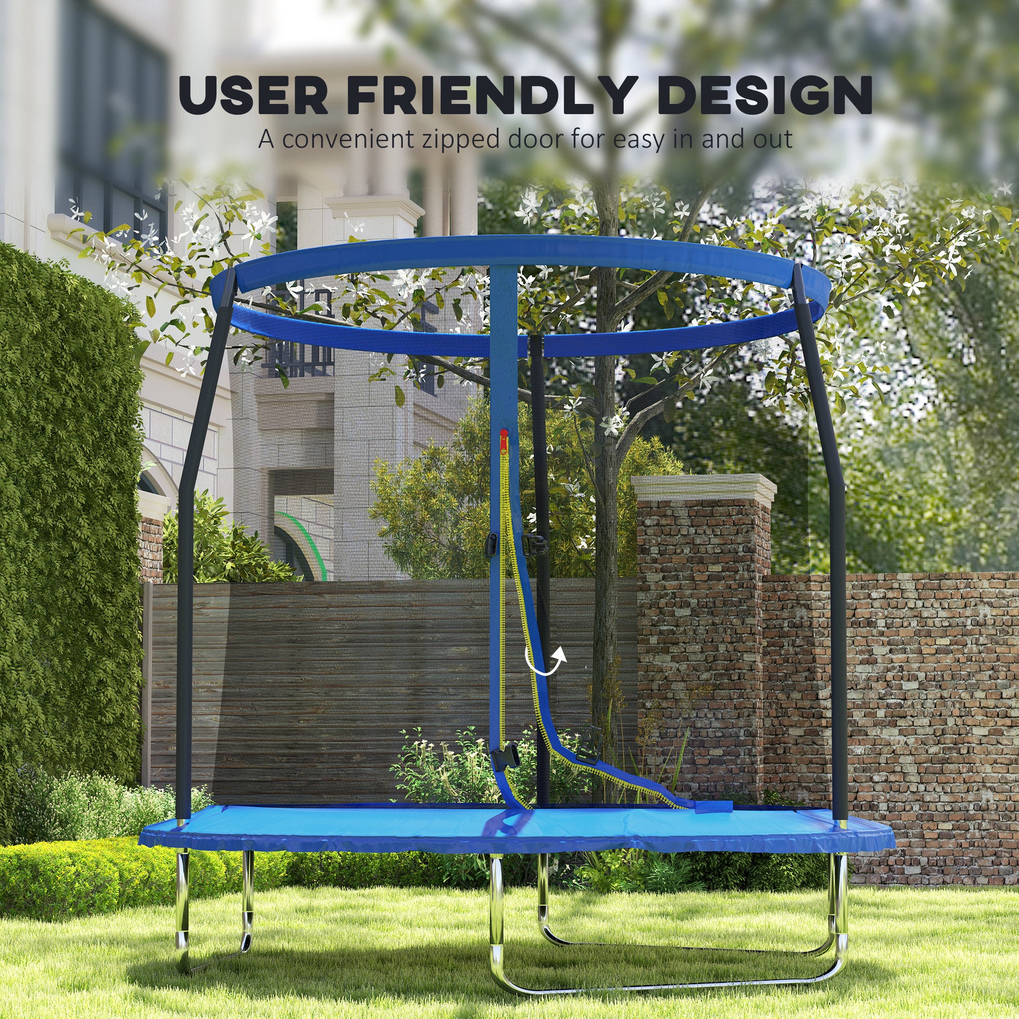 SPORTNOW 8ft Trampoline with Safety Enclosure Net, Steel Frame Outdoor Trampoline, Jumping Mat with Edge Safety Cover for Fitness, Blue - North Peak Garden Furniture