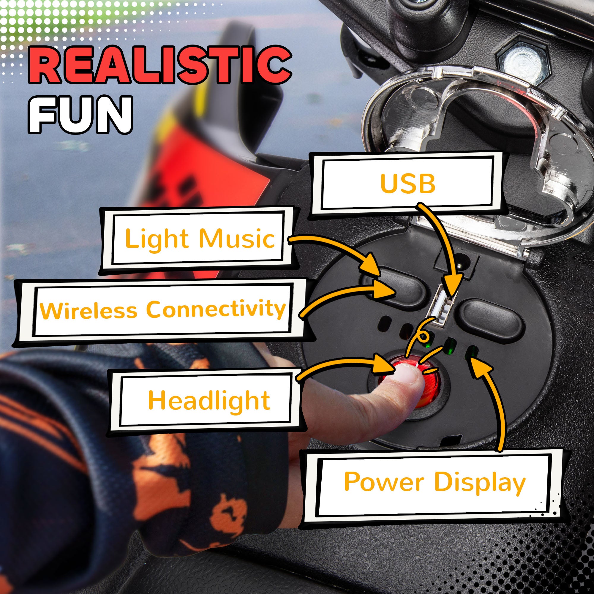 AIYAPLAY 12V Aprilia Licenced Kids Motorbike with Training Wheels, Spring Suspension, LED Light, USB, Music, Yellow - North Peak Garden Furniture