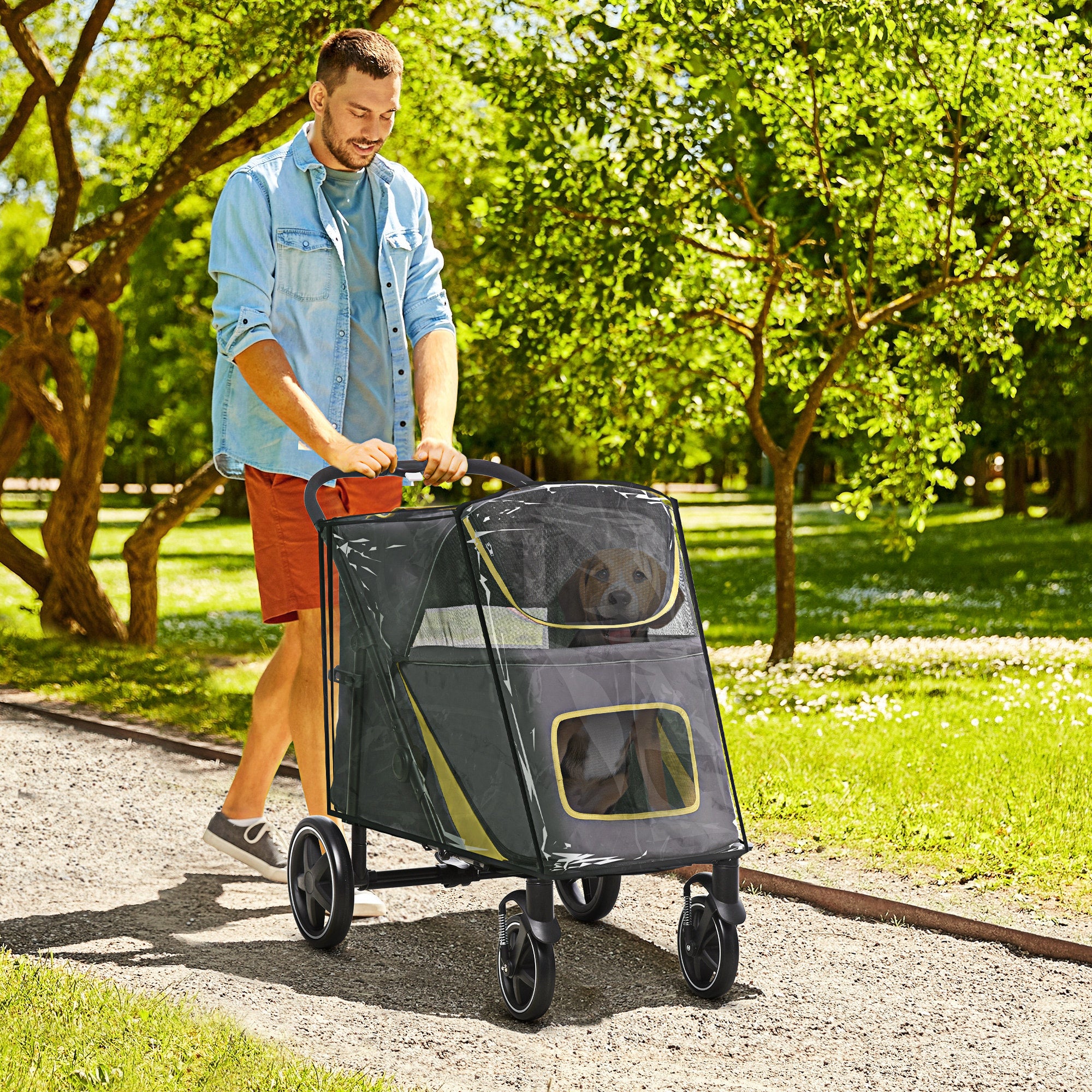 PawHut One-Click Foldable Pet Travel Stroller with Rain Cover, Cat Dog Pushchair with Universal Front Wheels, Shock Absorber, Storage Bags, Mesh Window, Safety Leash for Large and Medium Dogs (Grey) - North Peak Garden Furniture