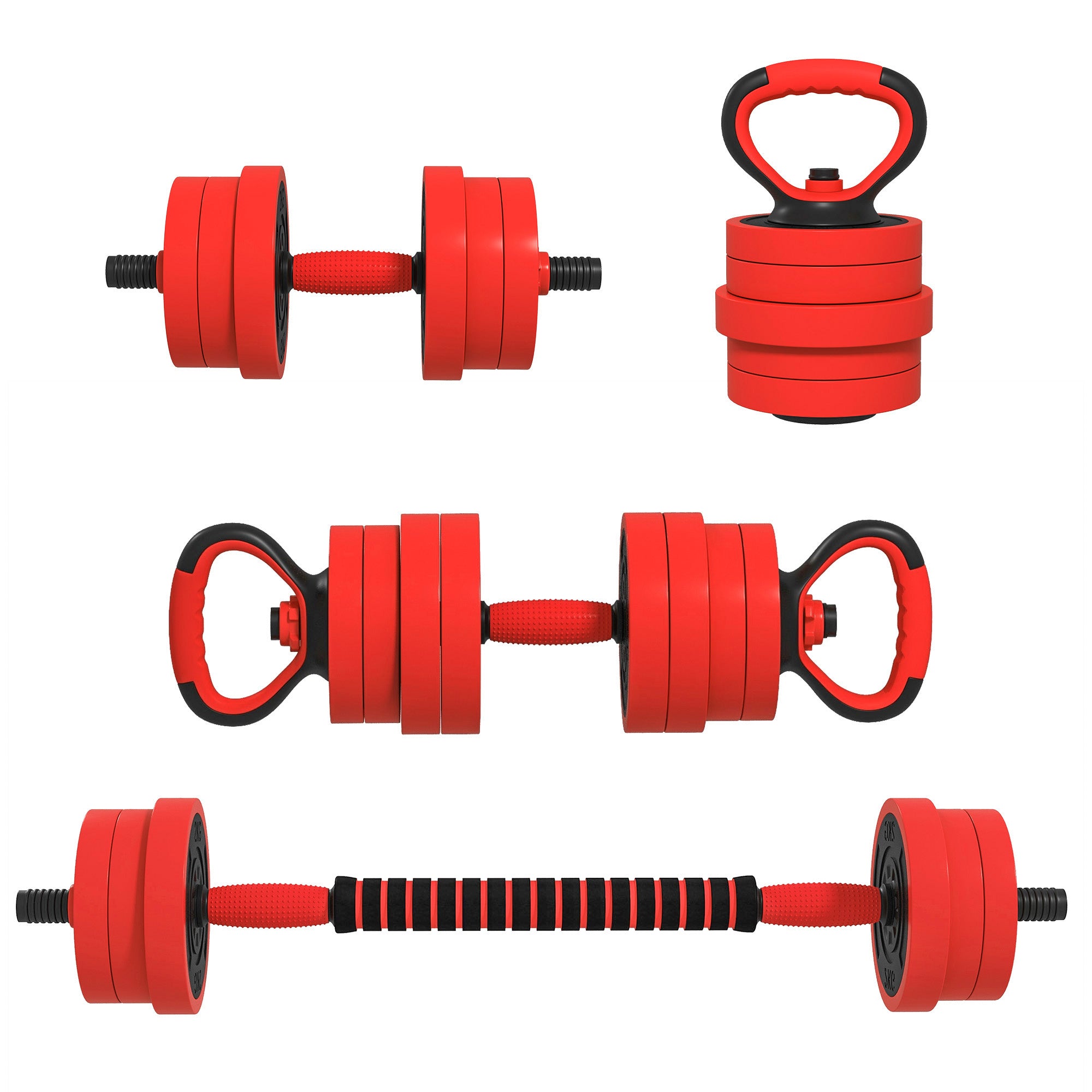 SPORTNOW 20kg Four-In-One Adjustable Weight Dumbbells Set, Barbell, Kettlebell, Push Up Stand - Red - North Peak Garden Furniture