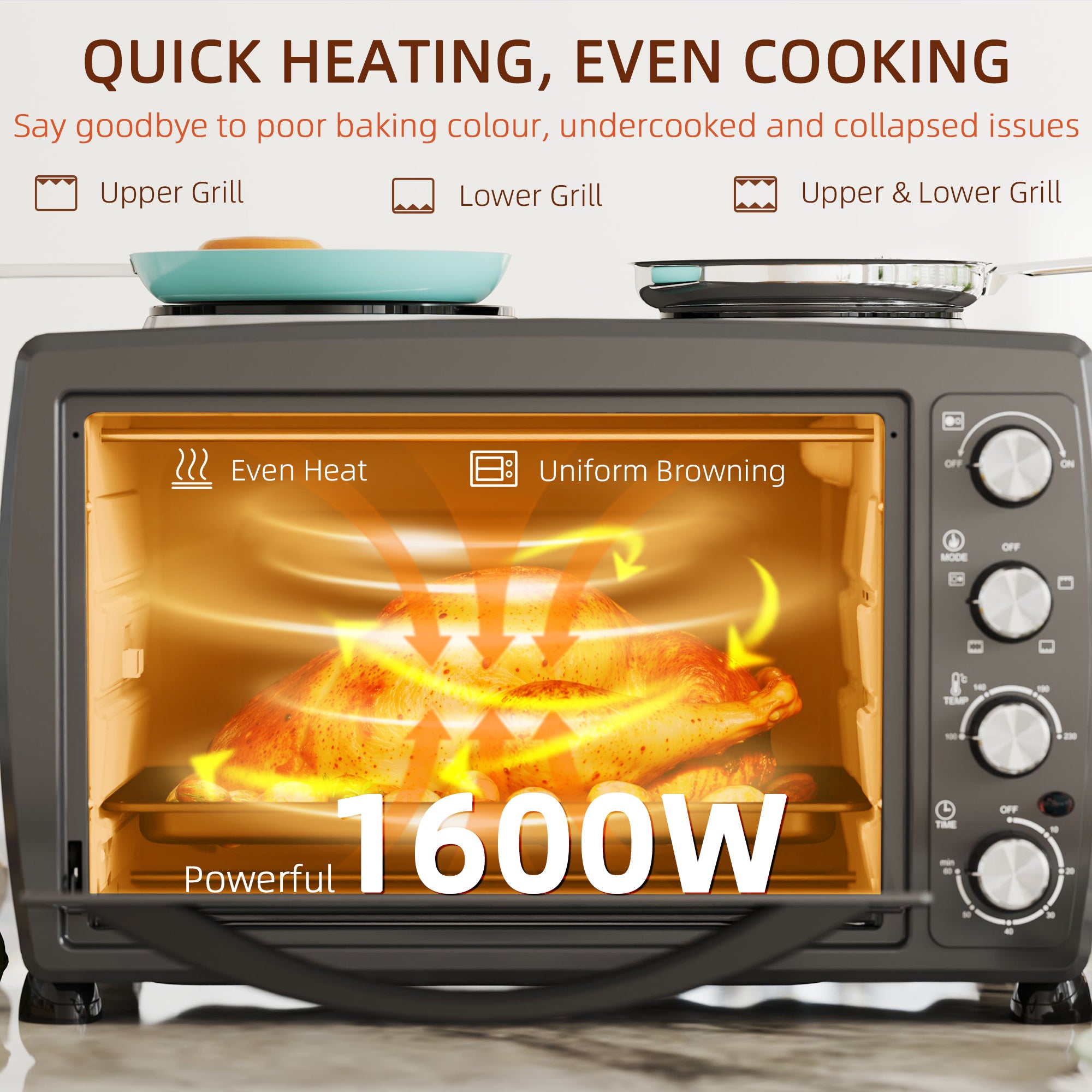 HOMCOM 36L Small Oven with 2 Hot Plates, Countertop Toaster Oven, Grill, Roast, Bake, Boil, with Timer, Adjustable Temperature, Electric Oven with Baking Tray, Grill Rack, Crumb Tray, 2600W, Black - North Peak Garden Furniture
