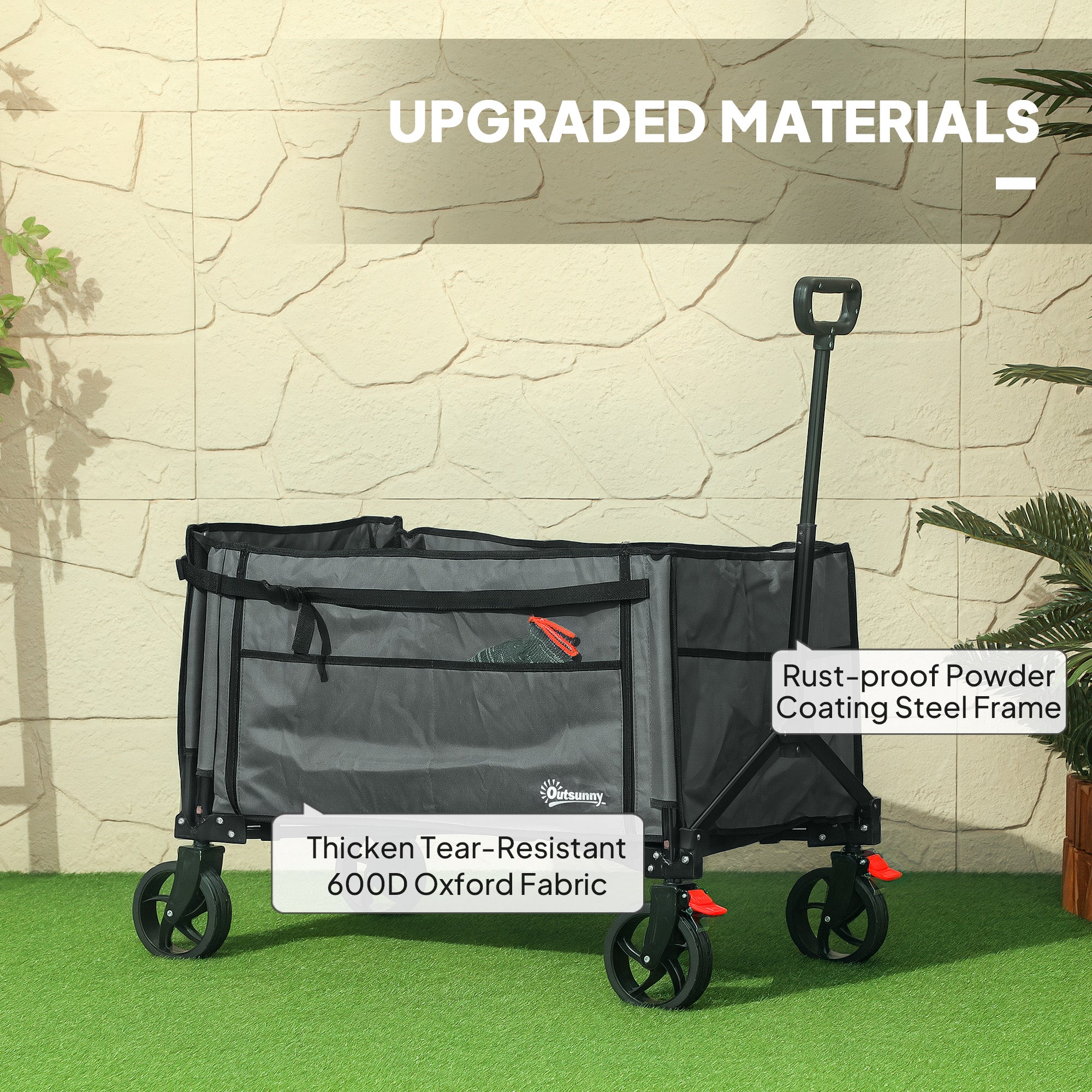 Outsunny Folding Trolley on Wheels, 150L Collapsible Wagon Festival Trolley Cart with Openable Sides, Adjustable Handle and Brakes for Shopping Camping Beach and Garden, Grey - North Peak Garden Furniture