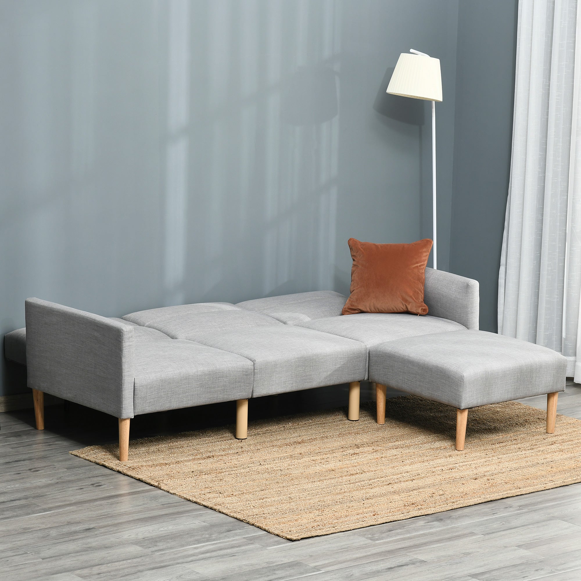 HOMCOM L Shape Sofa Bed Set, Linen Fabric Corner Sofa Bed with Rubber Wood Legs and Footstool, Light Grey - North Peak Garden Furniture