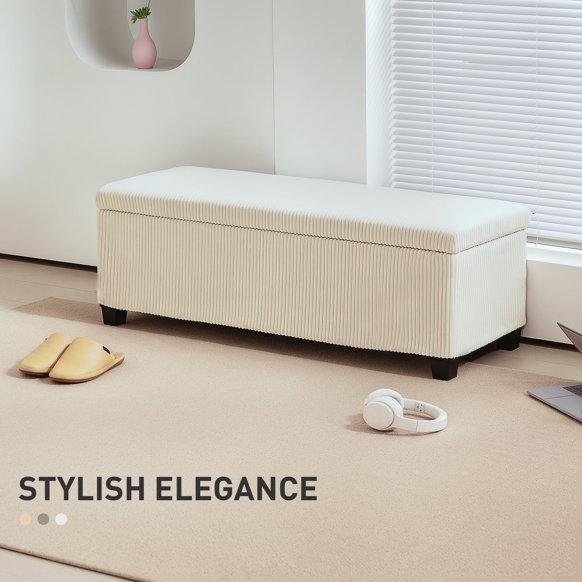 HOMCOM Storage Ottoman Bench, Corduroy Footstool with Removable Lid and Legs, 112cm Storage Chest Box for Living Room, Bedroom, Hallway, Beige - North Peak Garden Furniture