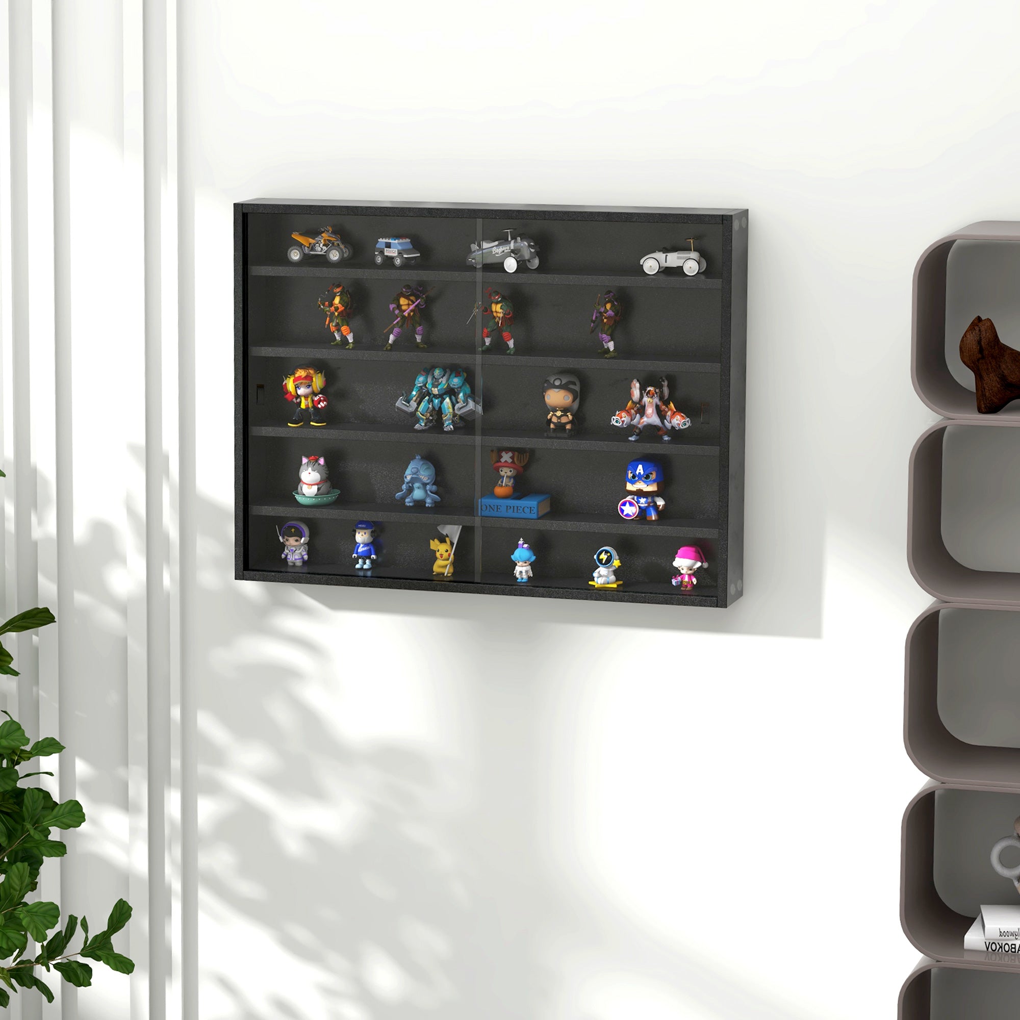 HOMCOM 5-Tier Wall Display Shelf Unit Cabinet w/ 4 Adjustable Shelves Glass Doors Home Office Ornaments 60x80cm Black - North Peak Garden Furniture