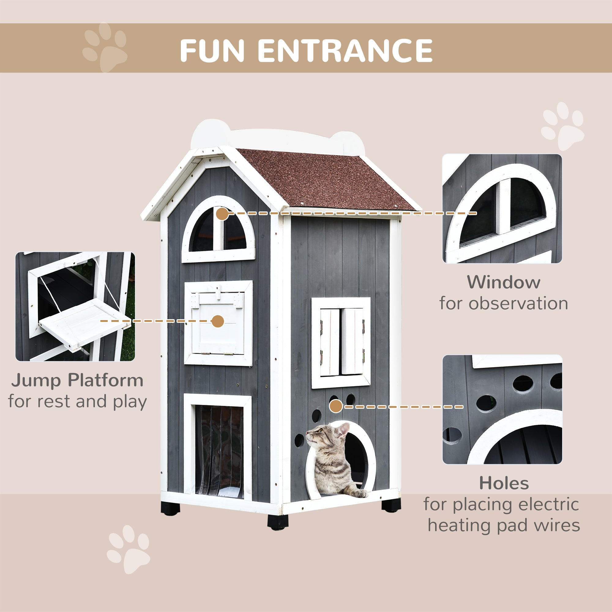 PawHut Wooden Cat House, Weatherproof Pet Shelter, Outdoor Cat Condos Cave, 2 Floor Furniture, Grey and White - North Peak Garden Furniture