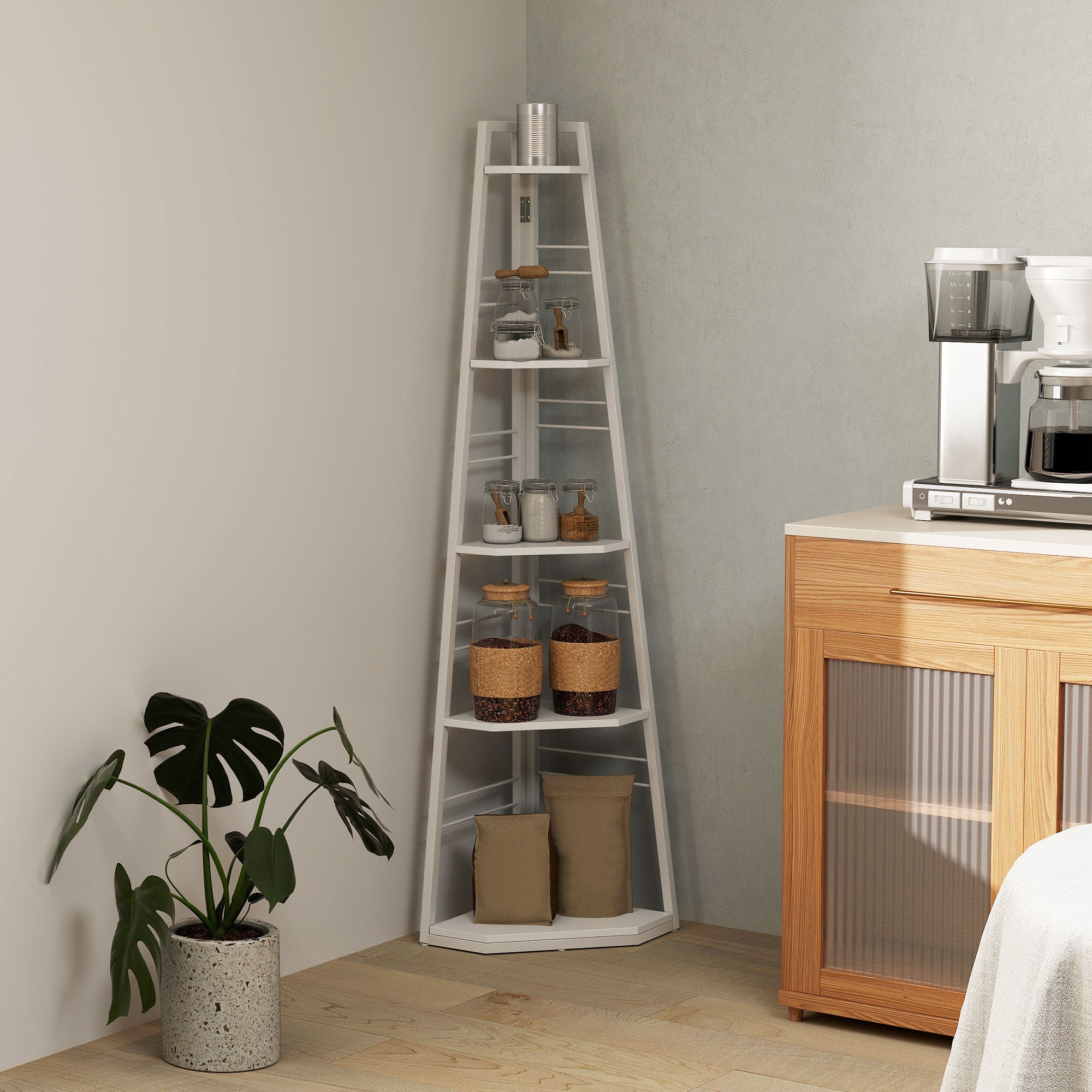 HOMCOM Five-Tier Corner Shelf - White - North Peak Garden Furniture