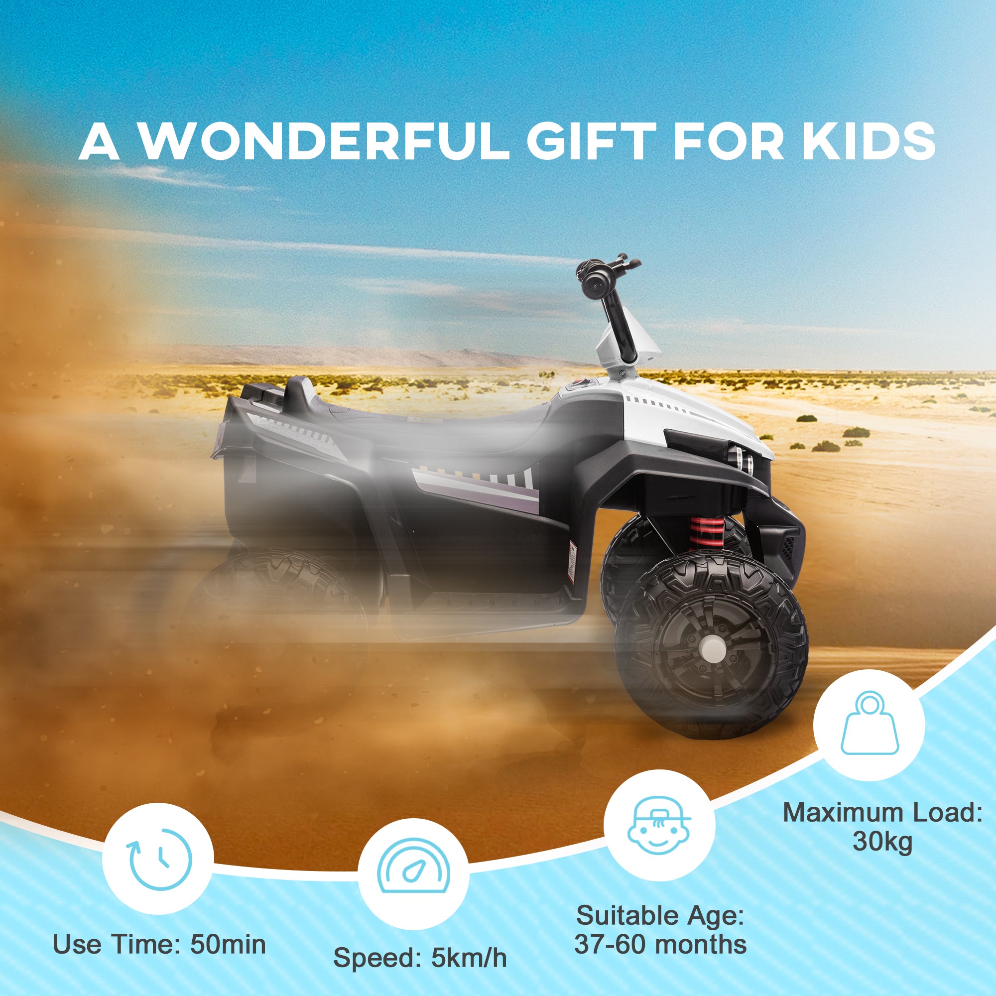AIYAPLAY 12V Kids Electric Quad Bike w/ Spring Suspension System, Forward & Backward, LED Light, Music, MP3, White - North Peak Garden Furniture