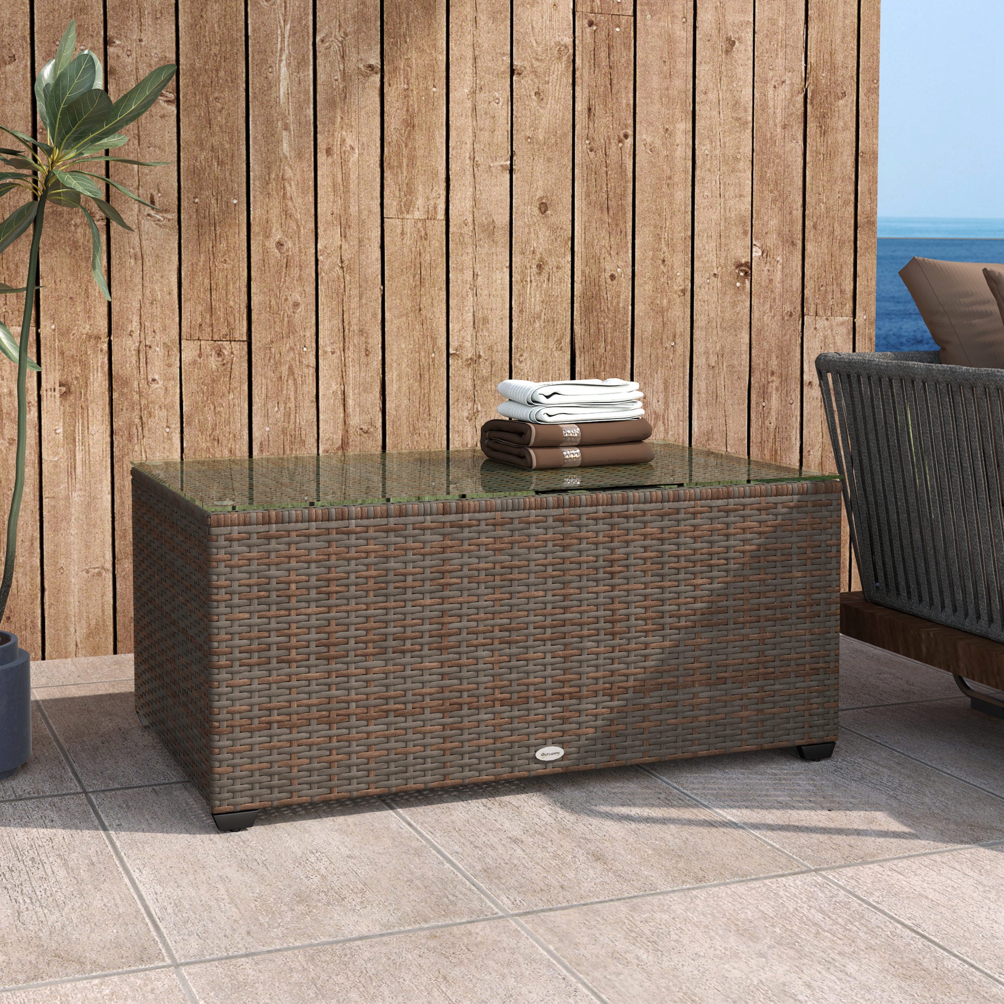 Outsunny 90 x 50cm Glass-Top Rattan Side Table - Brown - North Peak Garden Furniture