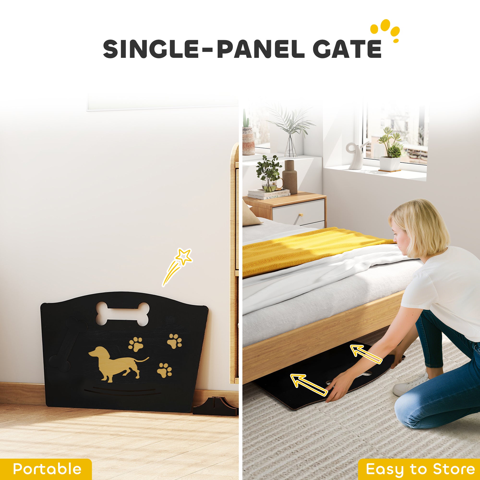 PawHut Wooden Dog Stopper, Dog Barrier with Support Feet, for Stair, Patio, Very Easy Setup, Black, 75 x 51 cm