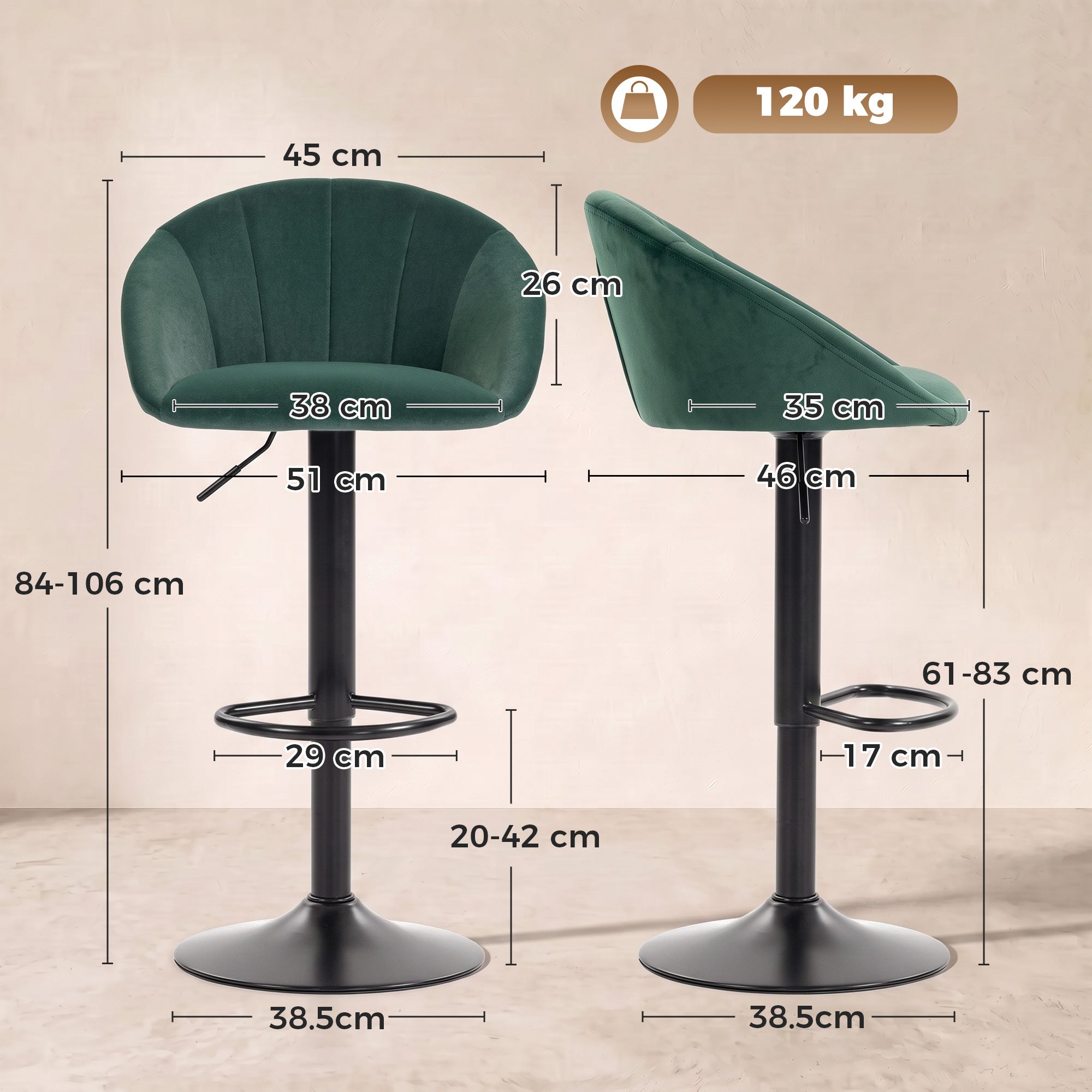 HOMCOM Bar Stools Set of 2 Adjustable Swivel Velvet Breakfast Bar Stools with Backrest, Dark Green
