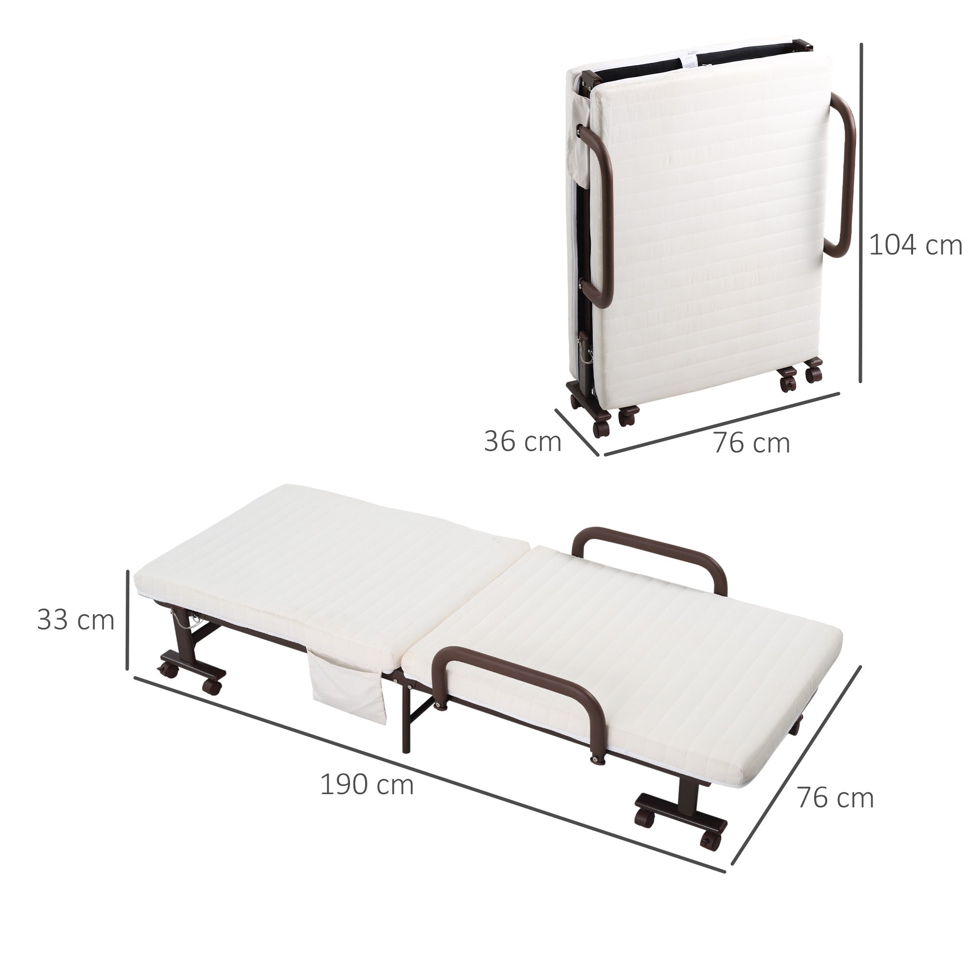 HOMCOM Folding Bed with Mattress, Single Guest Bed, Portable Fold Bed with Adjustable Backrest, Metal Frame on Wheels, White, 190 x 76 cm - North Peak Garden Furniture