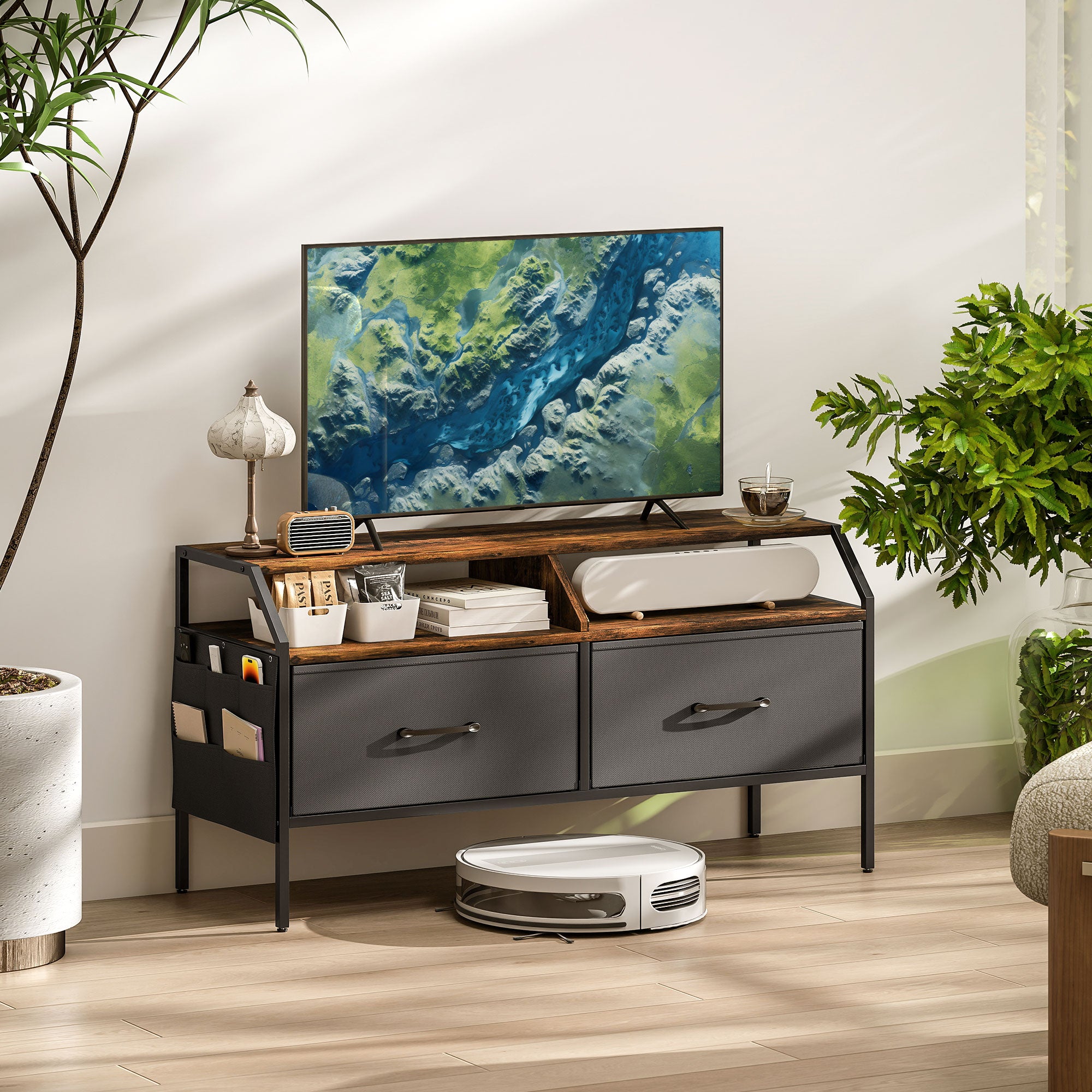 HOMCOM TV Stand Cabinet, TV Unit for 55-inch TVs with 2 Foldable Fabric Drawers, 5 Divided Side Pockets, Open Shelves, Console Table for Living Room, Bedroom, Entertainment Room, Rustic Brown