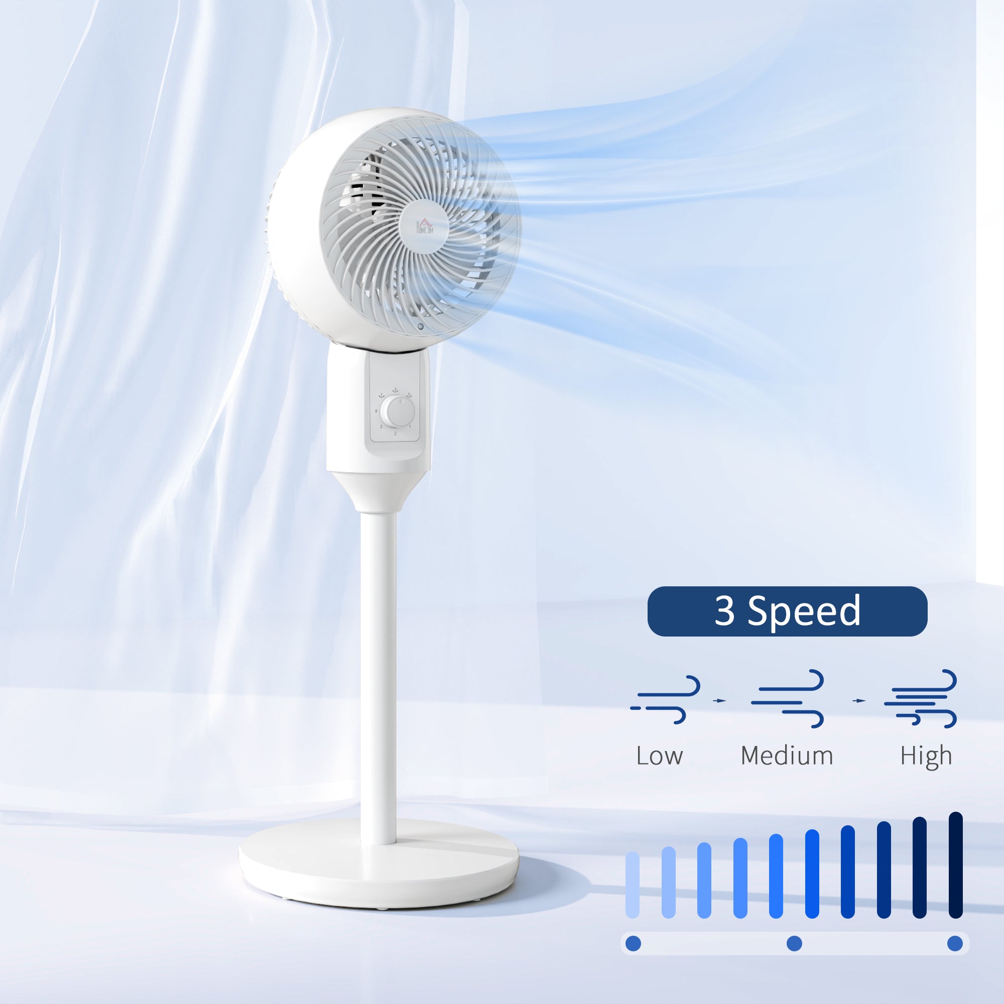 HOMCOM 9" Pedestal Fan, 70° Oscillation 90° Vertical Tilt Oscillating Air Circulator with 3 Speeds, Standing Fan for Home Office, Bedroom, White