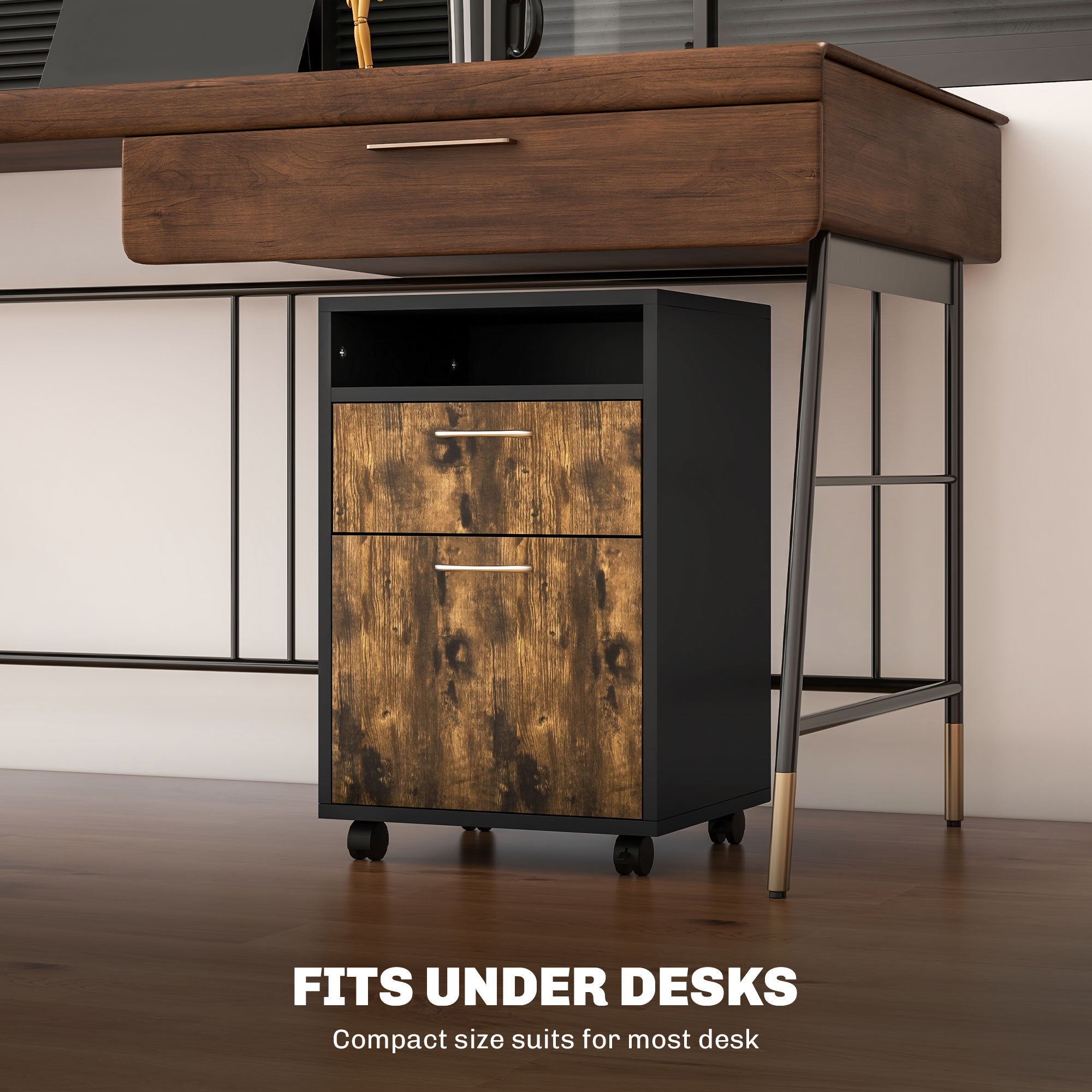 HOMCOM 60cm Filing Cabinet with Drawer, Open Shelf, Metal Handles and 4 Wheels, Office Home Organiser Mobile Printer, Rustic Brown - North Peak Garden Furniture