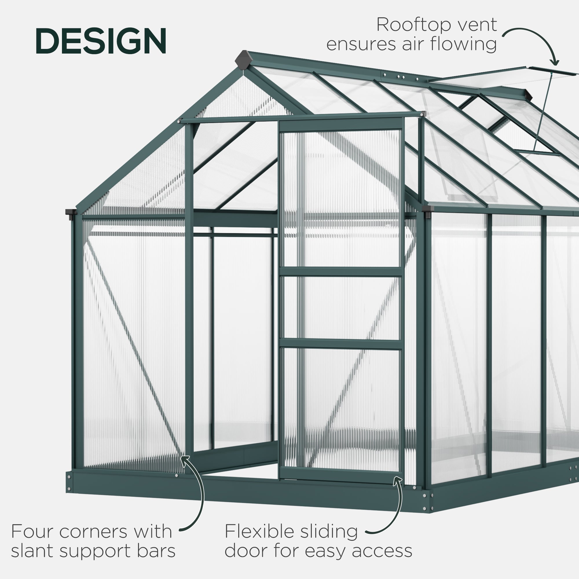 Outsunny 6 x 10ft Polycarbonate Greenhouse, Large Walk-In Green House with Slide Door and Window, Garden Plants Grow House with Aluminium Frame and Foundation, Dark Green - North Peak Garden Furniture