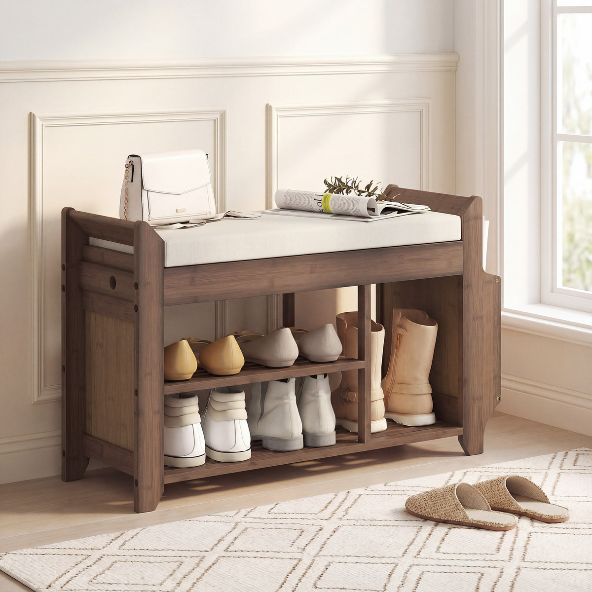 HOMCOM Shoe Bench 2-Tier Boot Section Entryway Storage Bench Cushioned Seat 80 x 30 x 50 cm Dark Brown and Cream