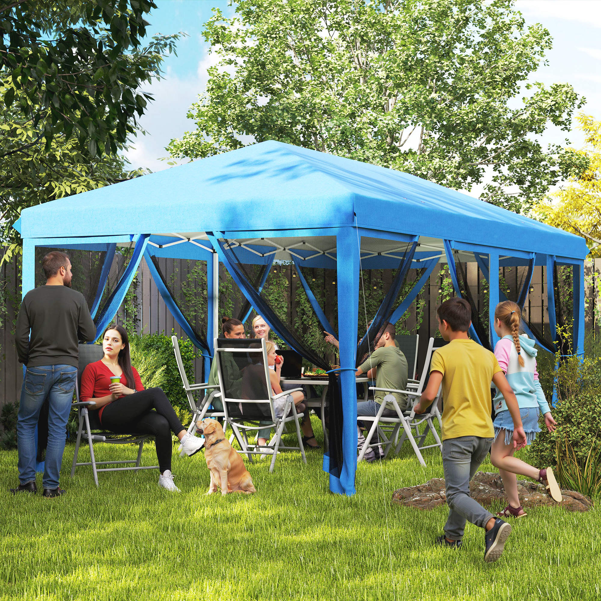 Outsunny 3 x 6m Pop Up Gazebo, Outdoor Canopy Shelter, Marquee Party Wedding Tent with 6 Mesh Walls and Carry Bag, Blue - North Peak Garden Furniture