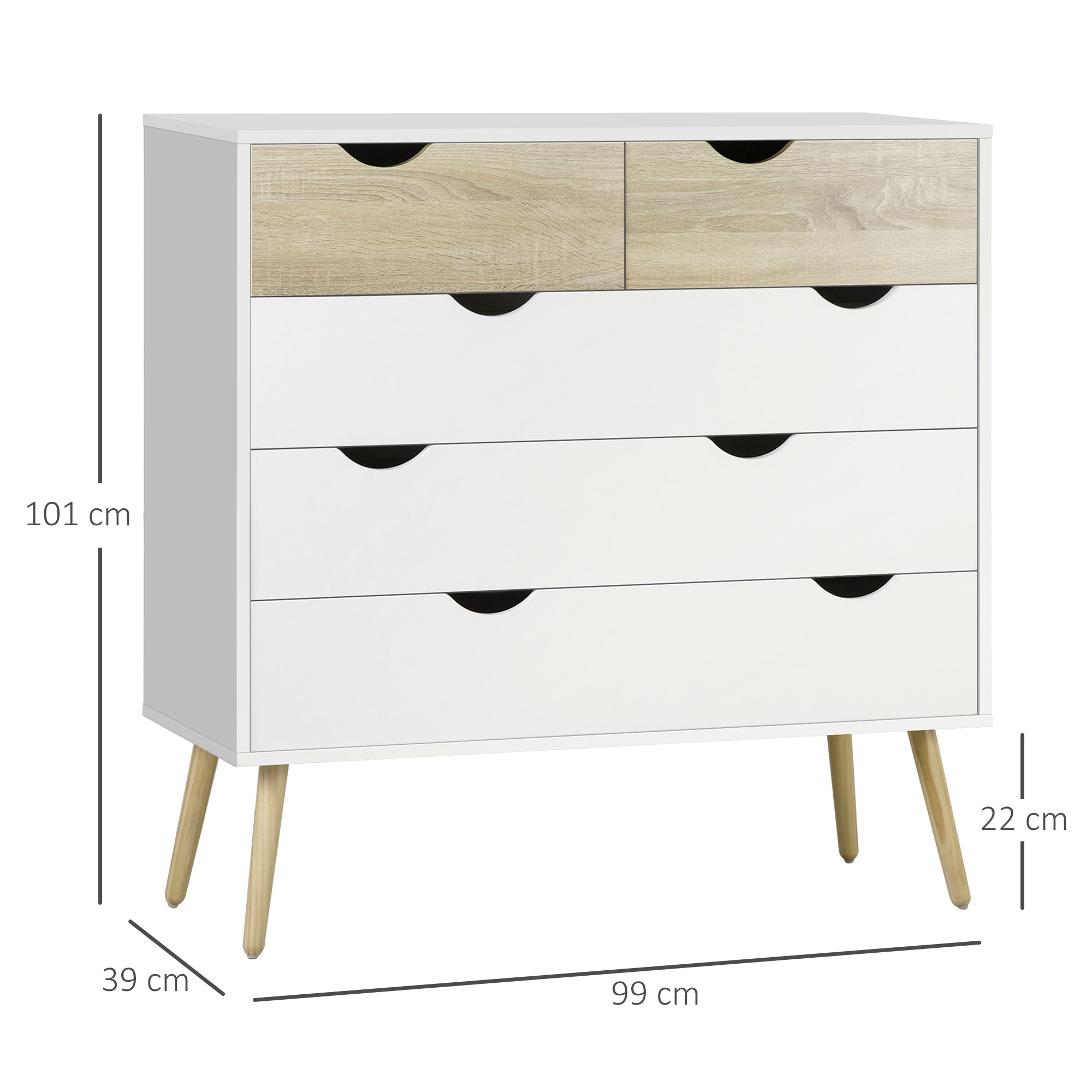 HOMCOM Nordic Style Chest of Drawers, 5 Drawer Dresser with 4 Tapered Legs and Groove Handles, Storage Organizer Side Cabinet for Bedroom, Living Room - North Peak Garden Furniture