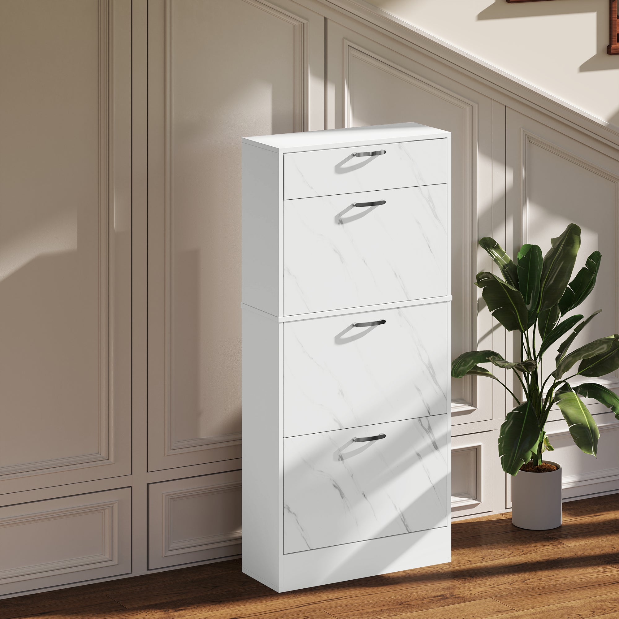 HOMCOM Marble Shoe Storage Cabinet with 3 Flip Drawers, Hallway Cabinet with Top Drawer and Adjustable Shelves, Shoe Cupboard for 18 Pairs, White - North Peak Garden Furniture