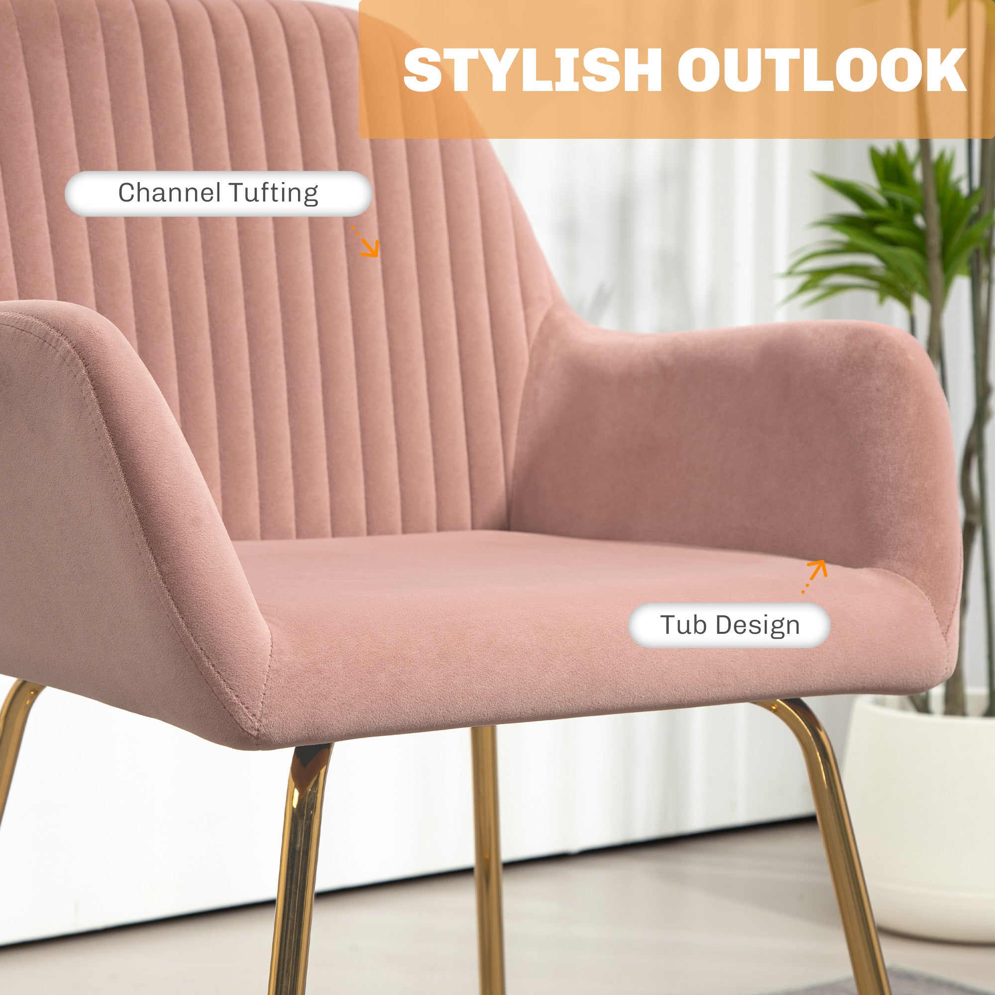 HOMCOM Modern Arm Chair Upholstered Accent Chair with Metal Base for Living Room Pink - North Peak Garden Furniture