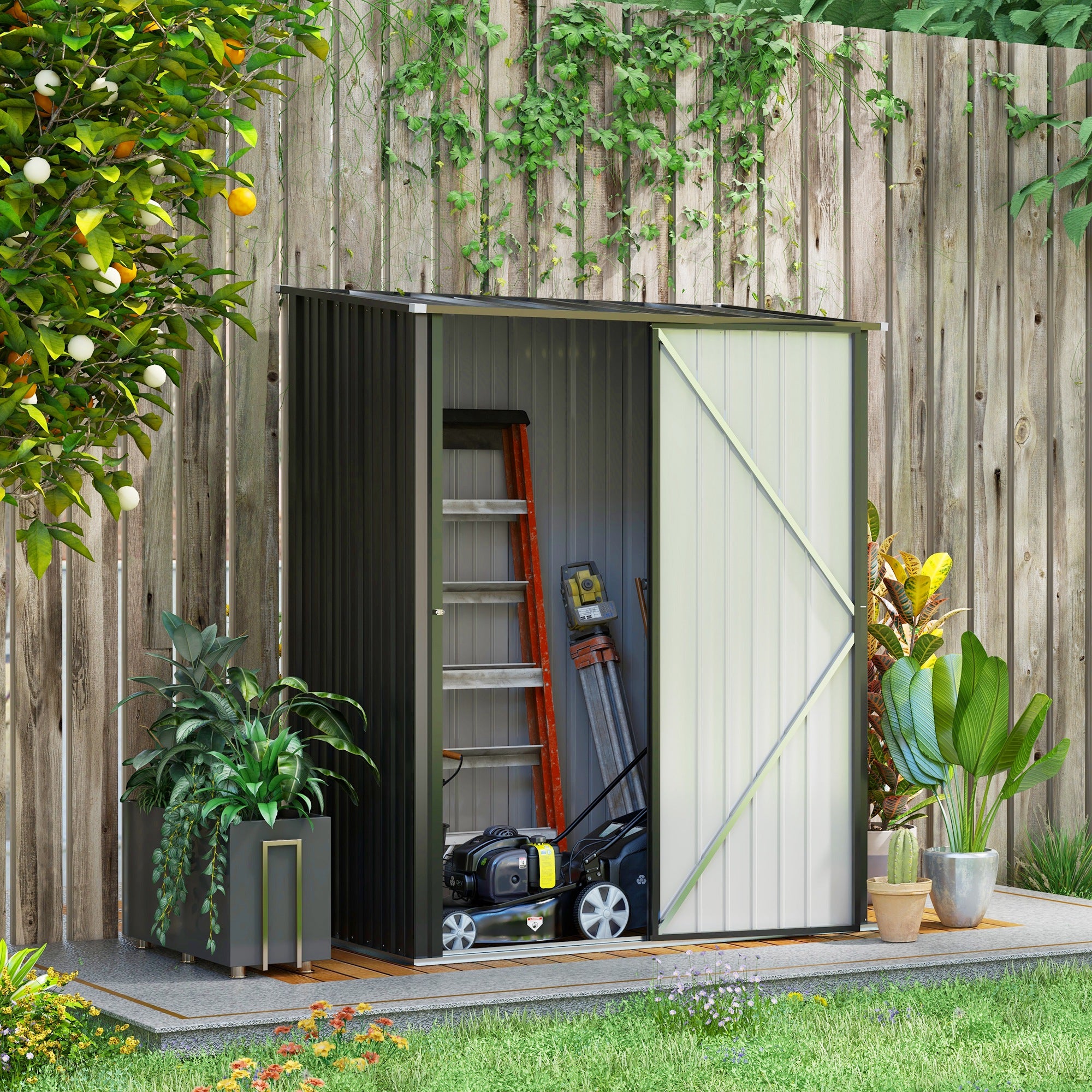 Outsunny Outdoor Storage Shed, Garden Metal Storage Shed w/ Single Door for Garden, Patio, 5.3ft x 3.1ft, Black - North Peak Garden Furniture