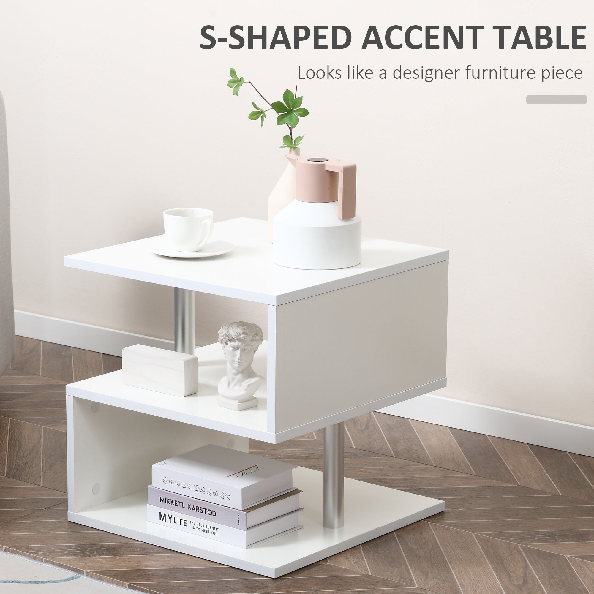 HOMCOM Wooden S Shape Cube Coffee Table 2 Tier Storage Shelves Organizer Office Bookcase Living Room End Desk Stand Display (White) - North Peak Garden Furniture