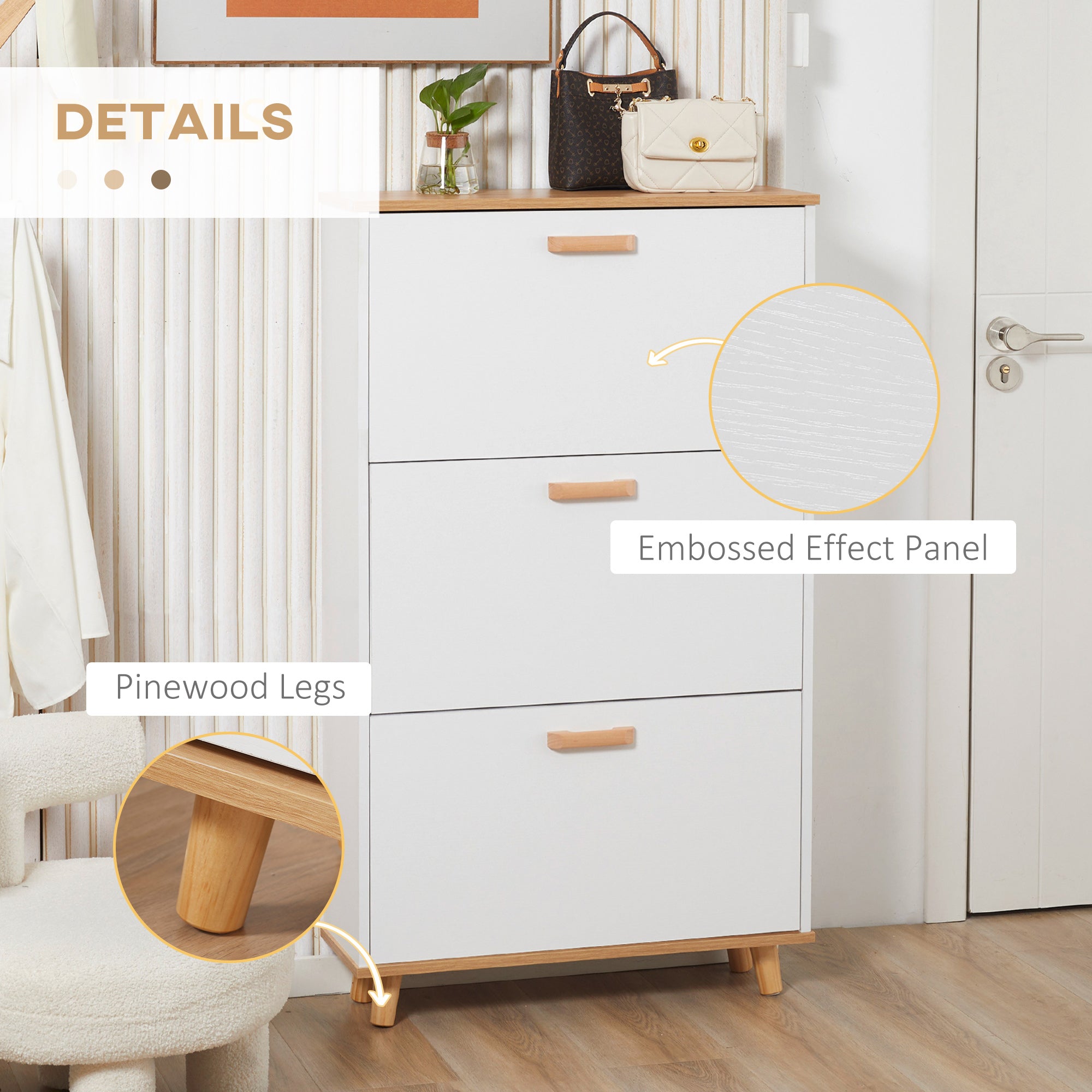 HOMCOM Narrow Shoe Cabinet, Slim Shoe Storage Cabinet with 3 Flip Drawers and Adjustable Shelves, 12 Pair of Shoes Organizer for Hallway, Entryway, White - North Peak Garden Furniture