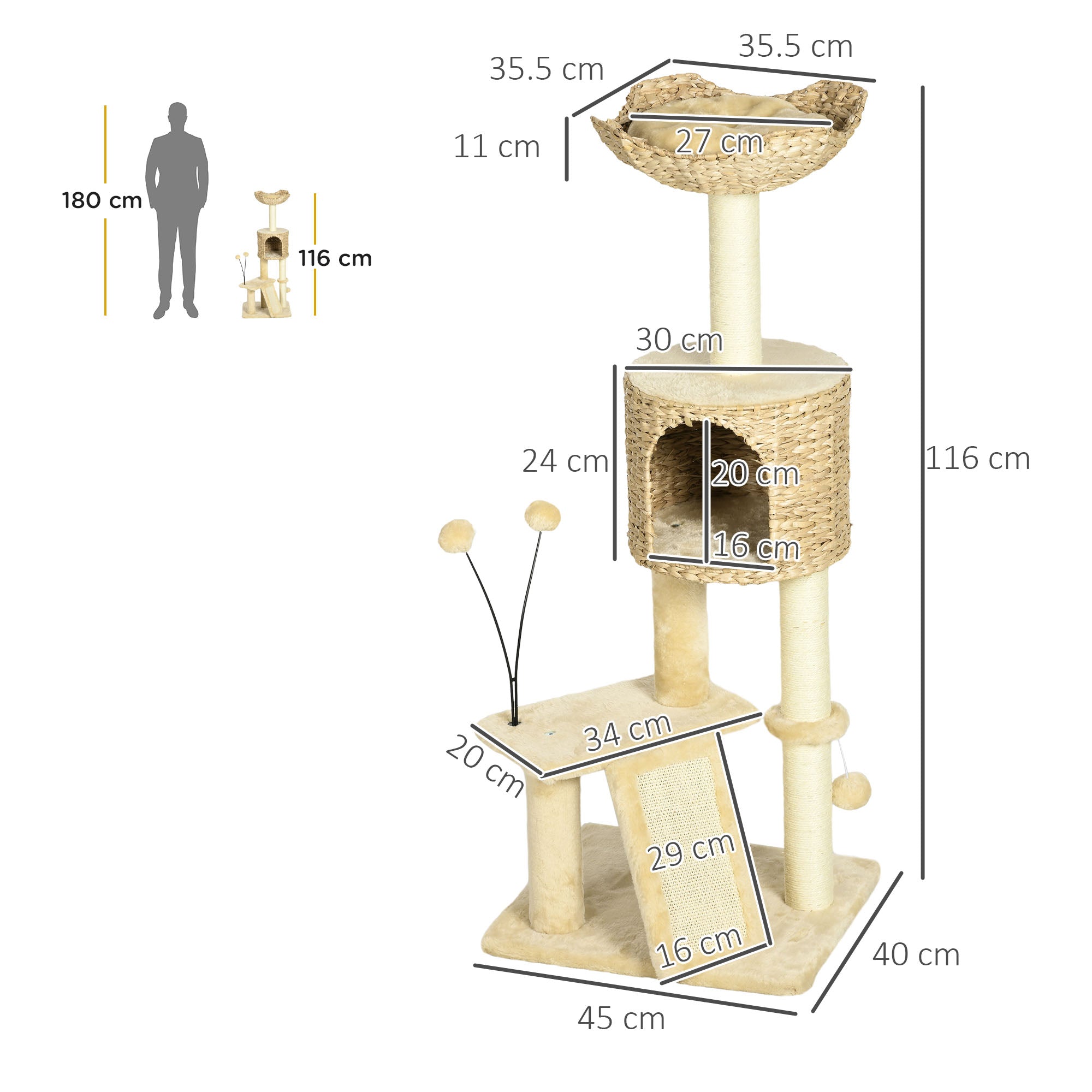 PawHut Cat Tree Tower with Scratching Post, Cat House, Bed, Toy Ball, Platform - Beige