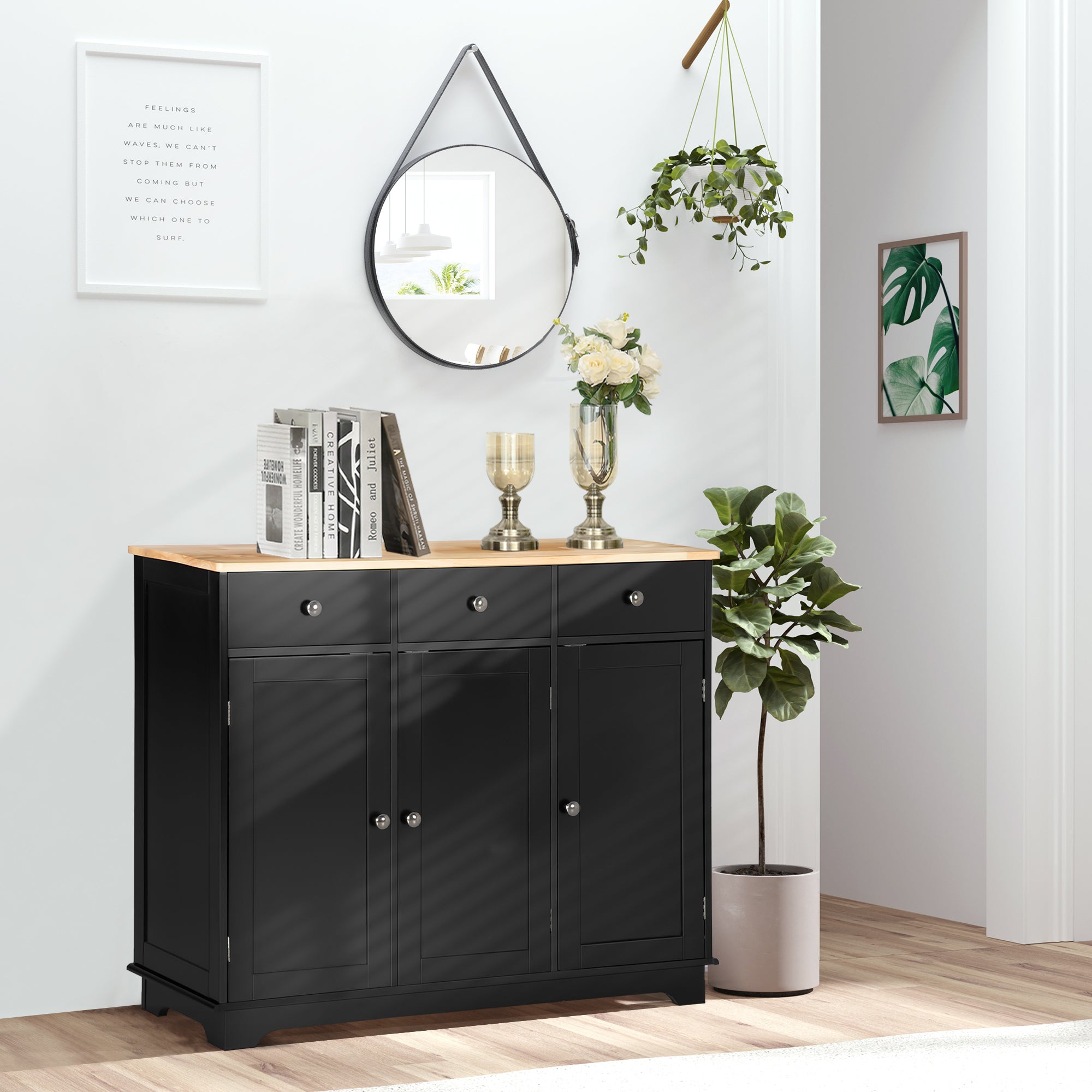 HOMCOM Sideboard with Rubberwood Top and Adjustable Shelves for Dining Room, Kitchen - Black - North Peak Garden Furniture